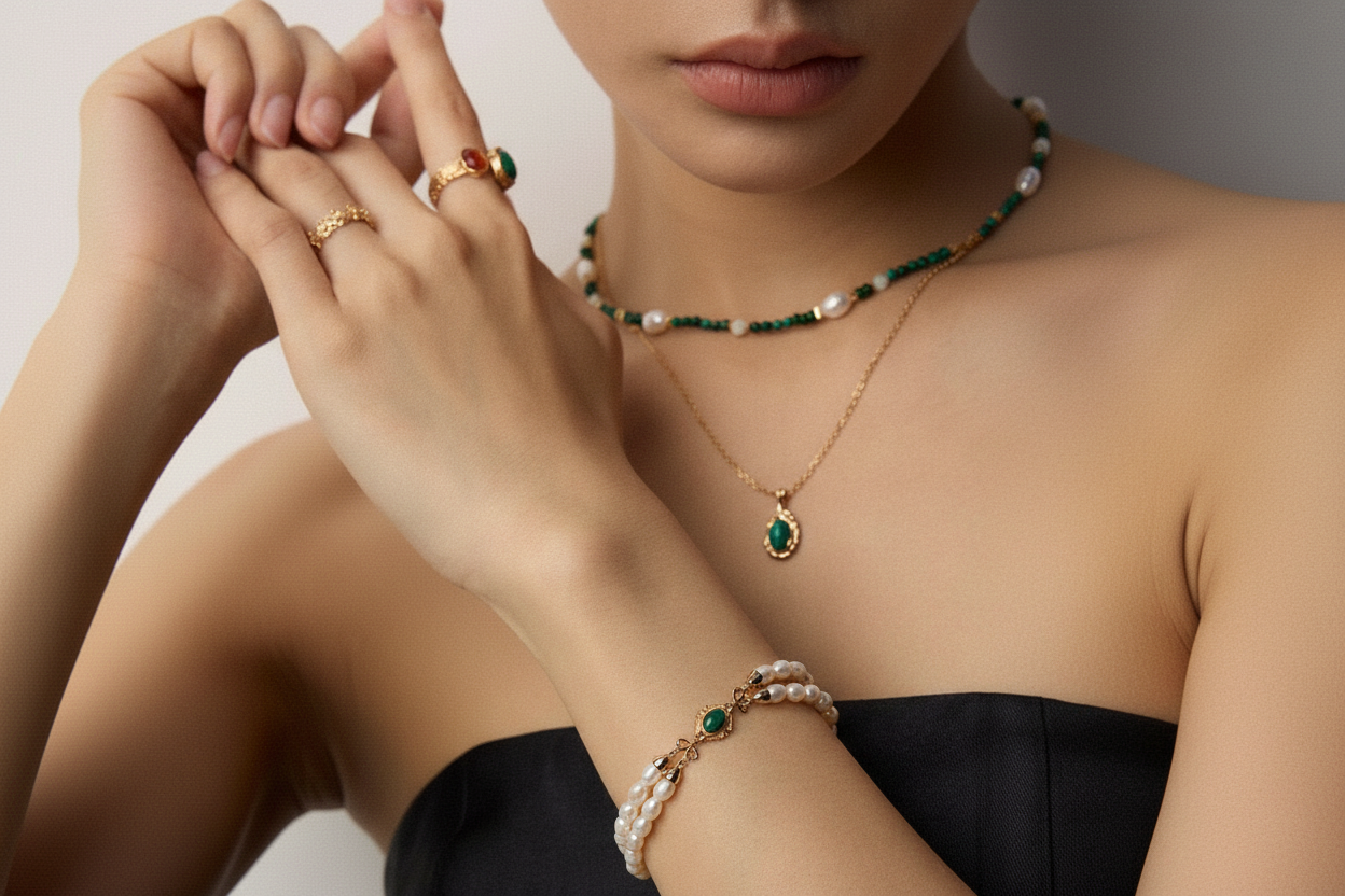 Vintage Malachite & Natural Pearl Bracelet | 925 Sterling Silver Gold Finish Adjustable Bracelet