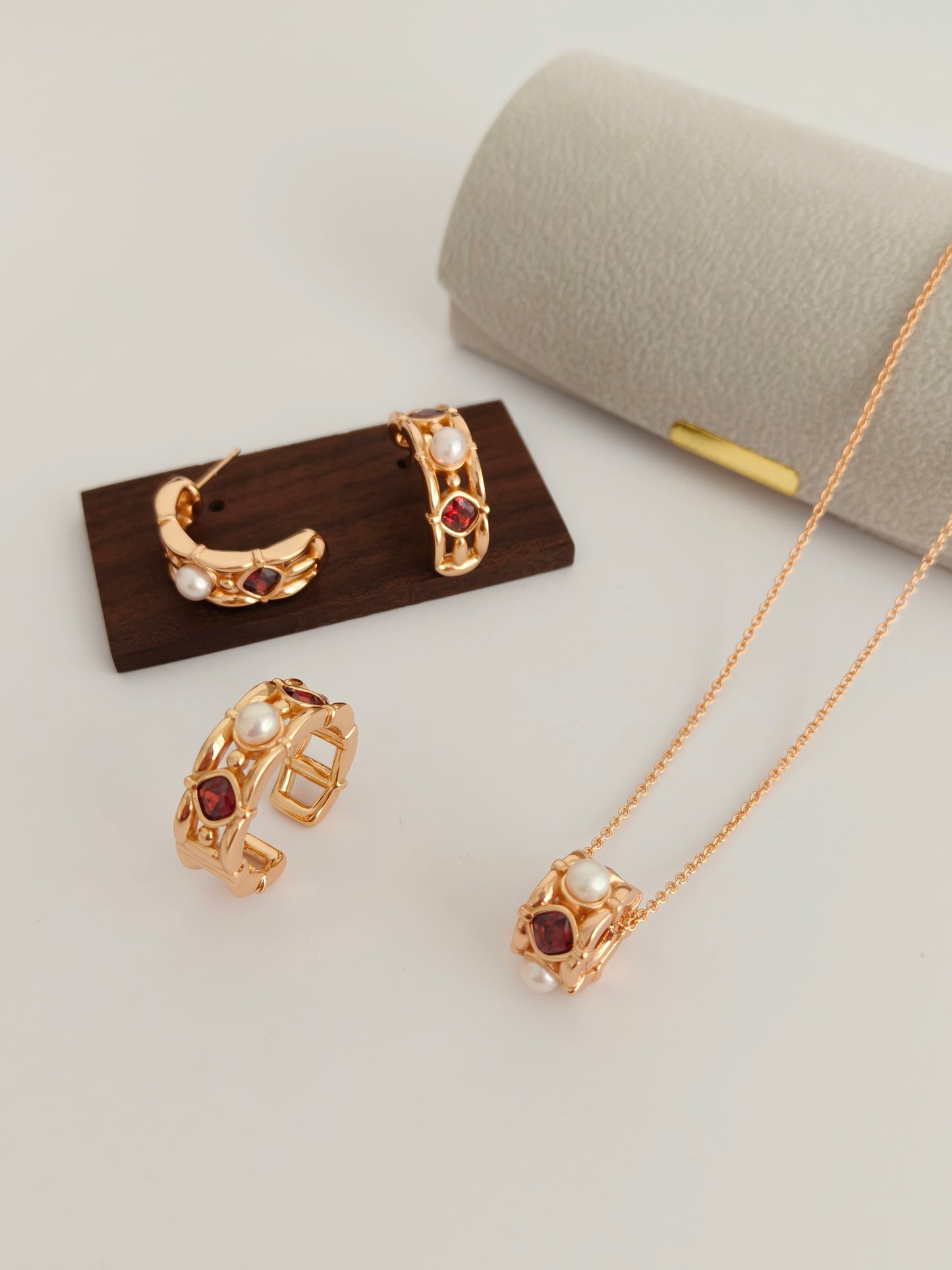 Royal Garnet & Pearl Gold Vermeil Huggies Earrings