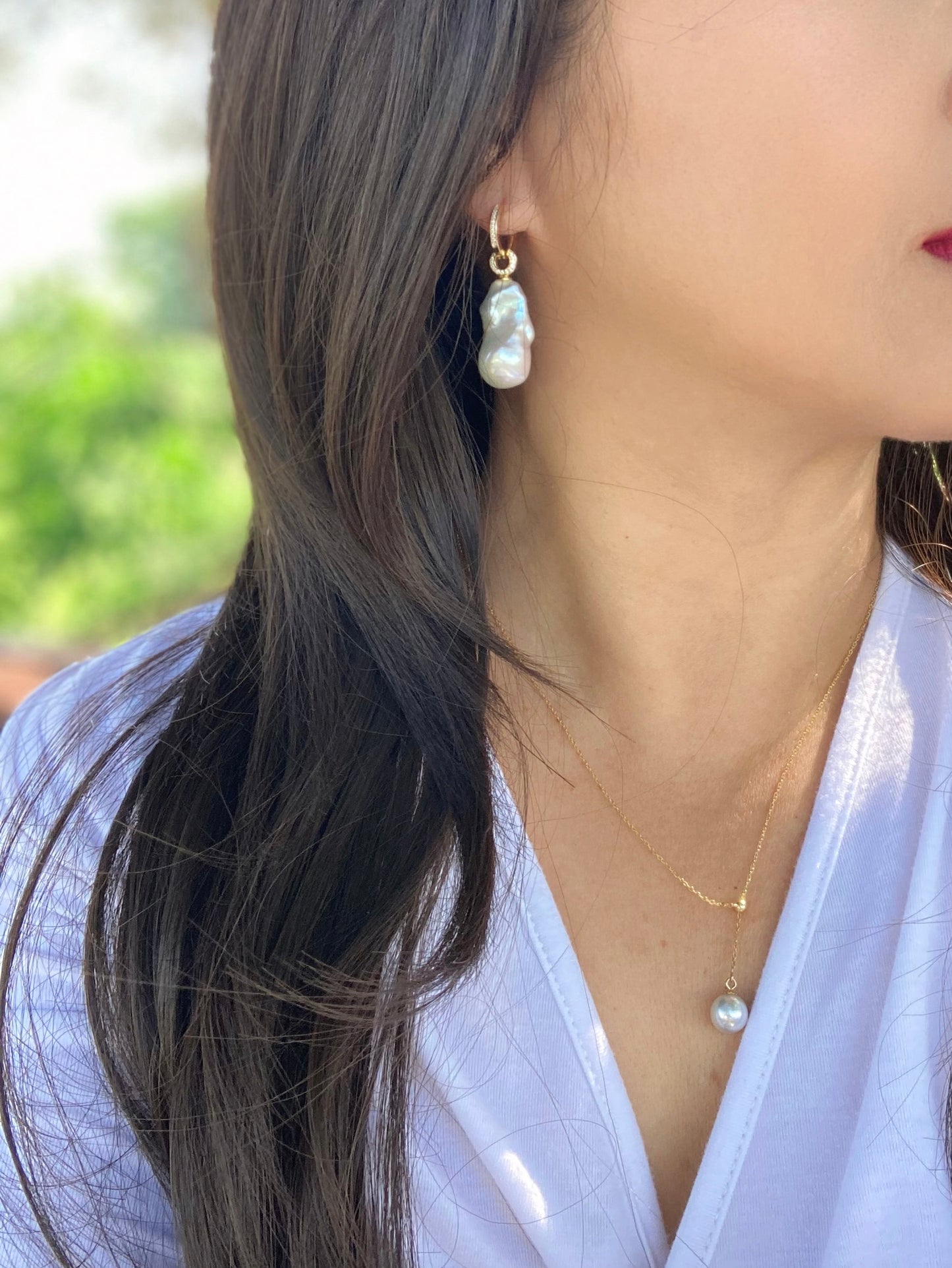 Cute Huggies with Baroque Pearl Pendants