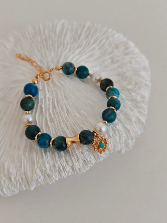 Vintage Gold Apatite & Turquoise Pearl Bracelet – S925 Sterling Silver Natural Gemstone Beaded Bracelet