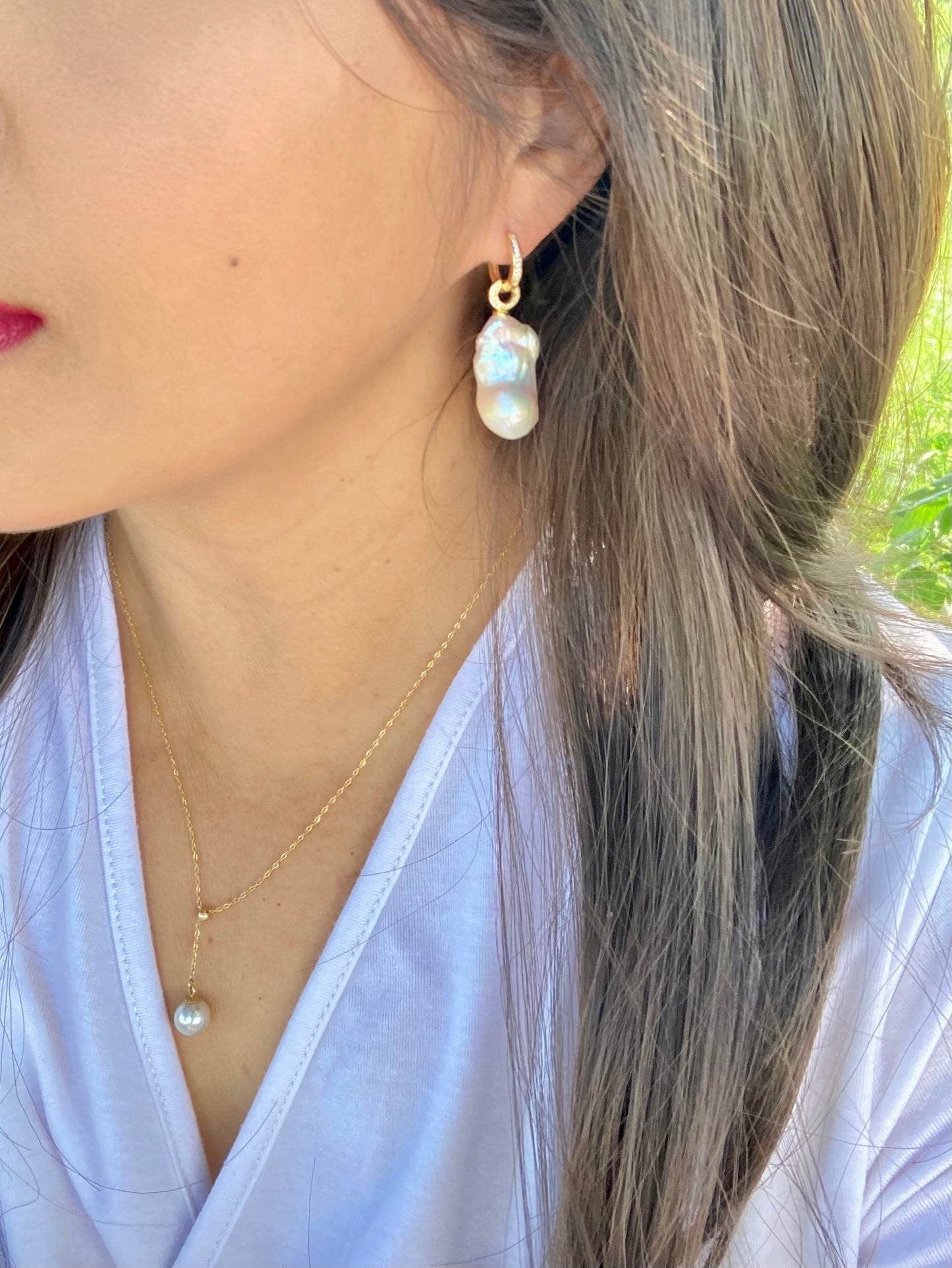 Cute Huggies with Baroque Pearl Pendants