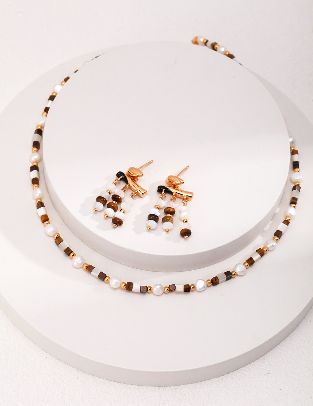 Pearl and Tiger’s Eye Beaded Necklace and Bracelet Set