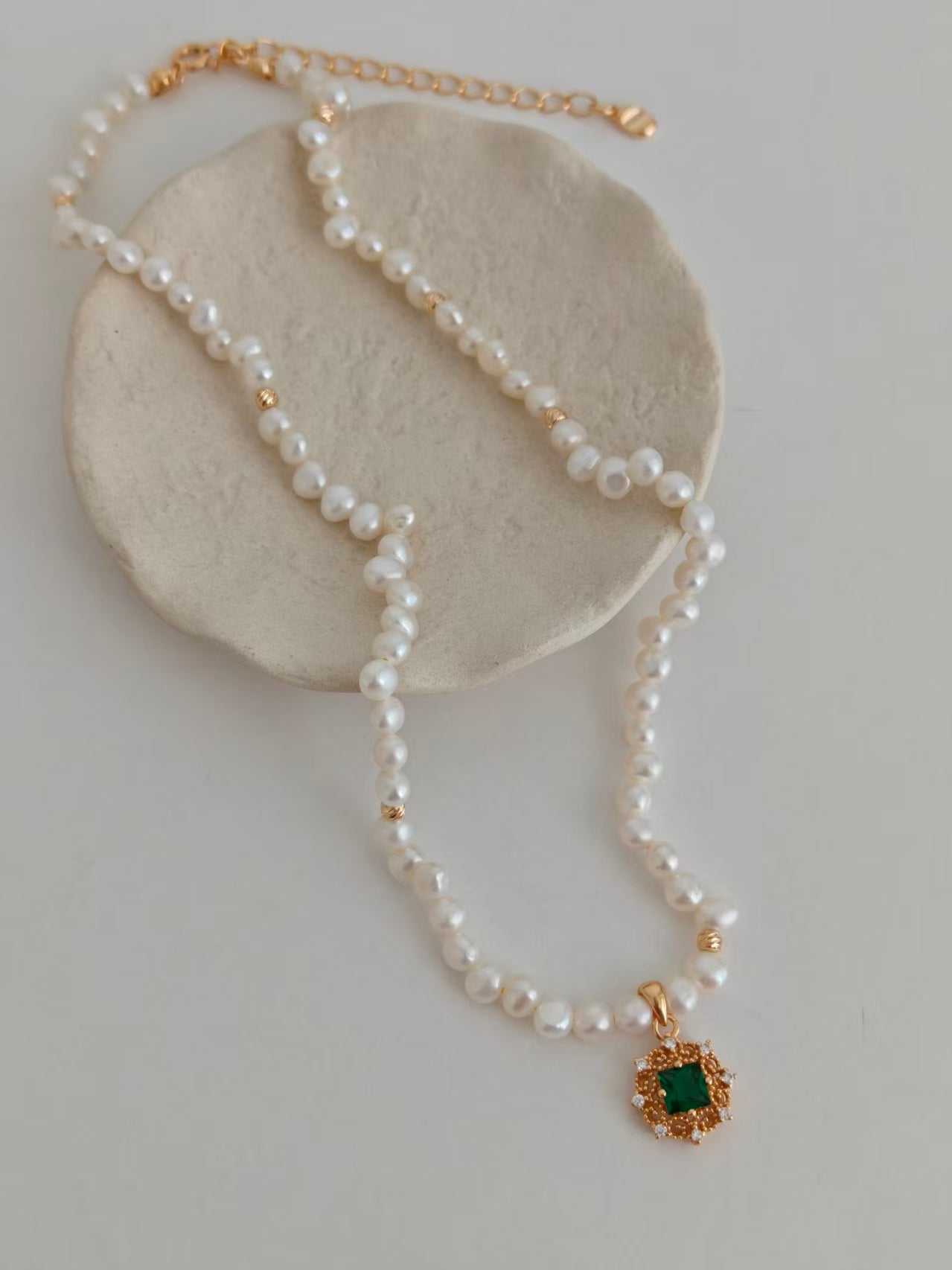 S925 Vintage Gold Pearl & Green Zircon Necklace and Bracelet Set | Natural Freshwater Pearl Jewelry