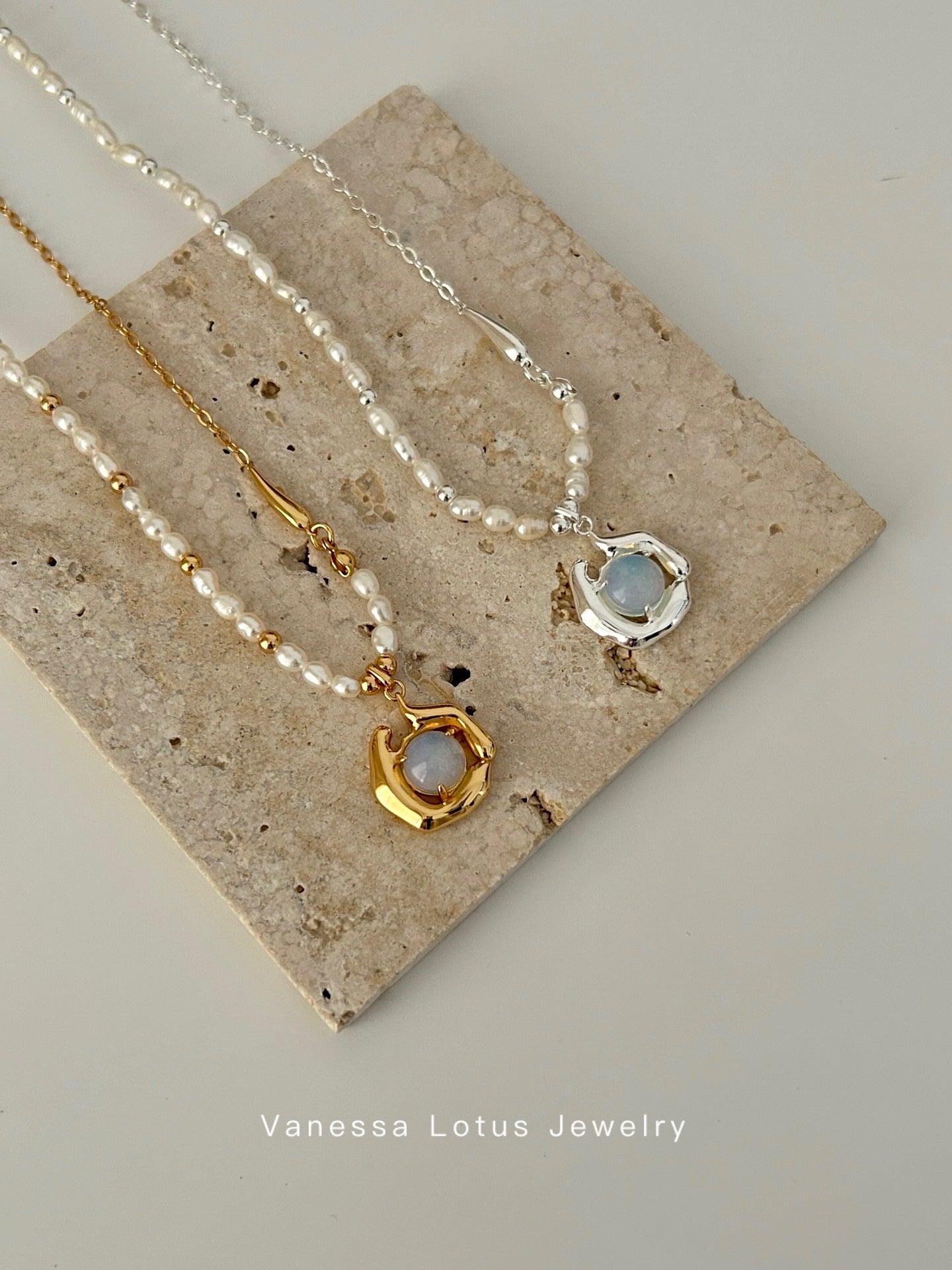 Pearl Necklace with Opal Pendant