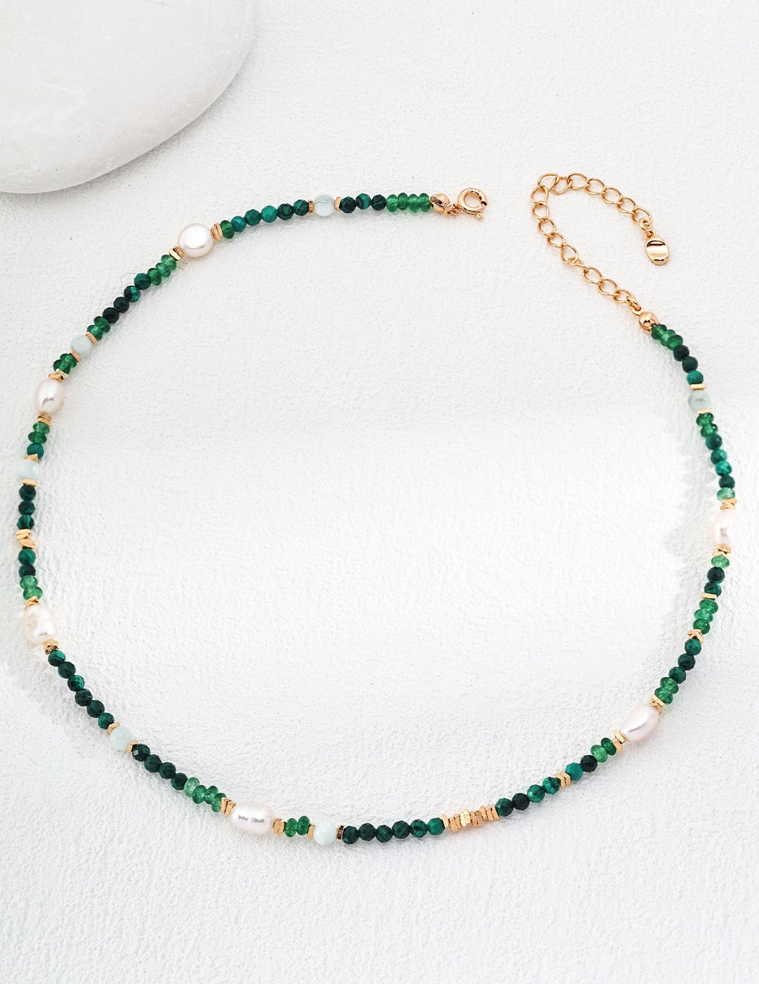 Vintage Gold Pearl and Malachite Beaded Necklace – 925 Sterling Silver