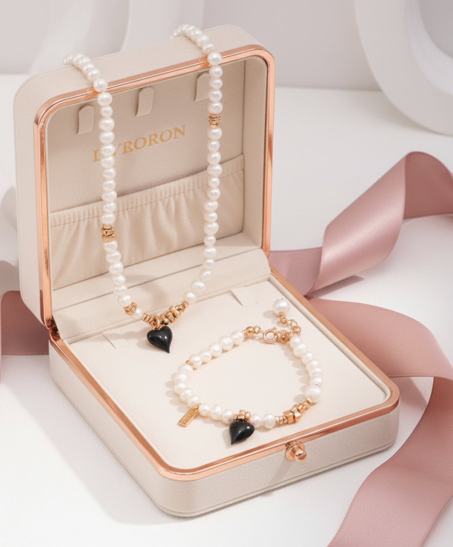 Black Enamel Heart Freshwater Pearl Jewelry Set – S925 Silver