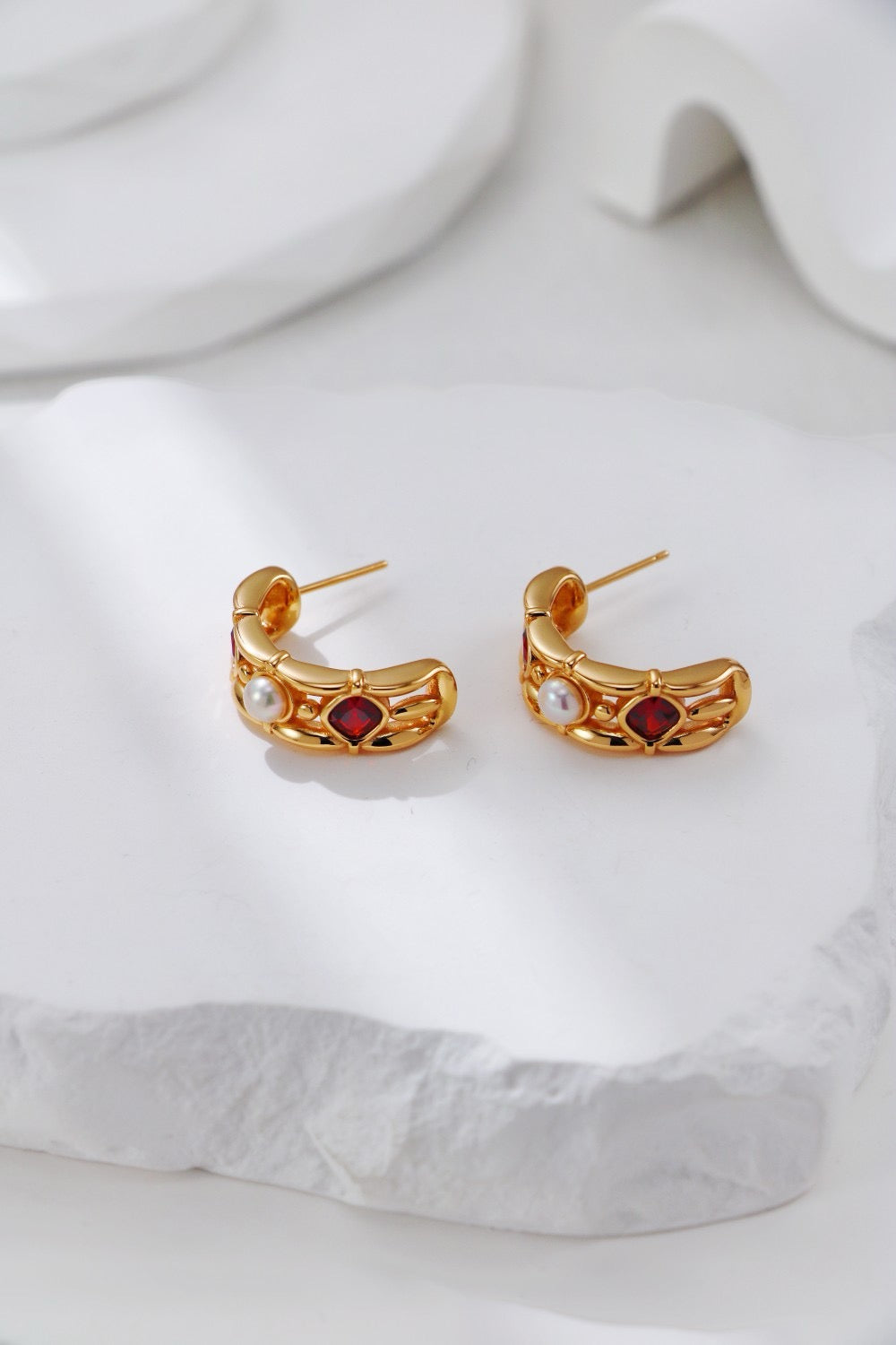Royal Garnet & Pearl Gold Vermeil Huggies Earrings