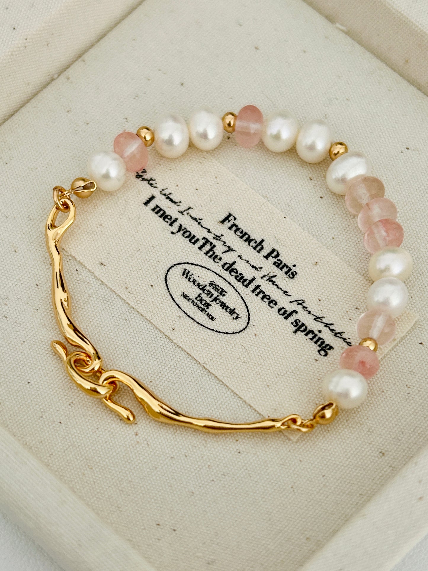 Strawberry Quartz beads and pearl bracelet