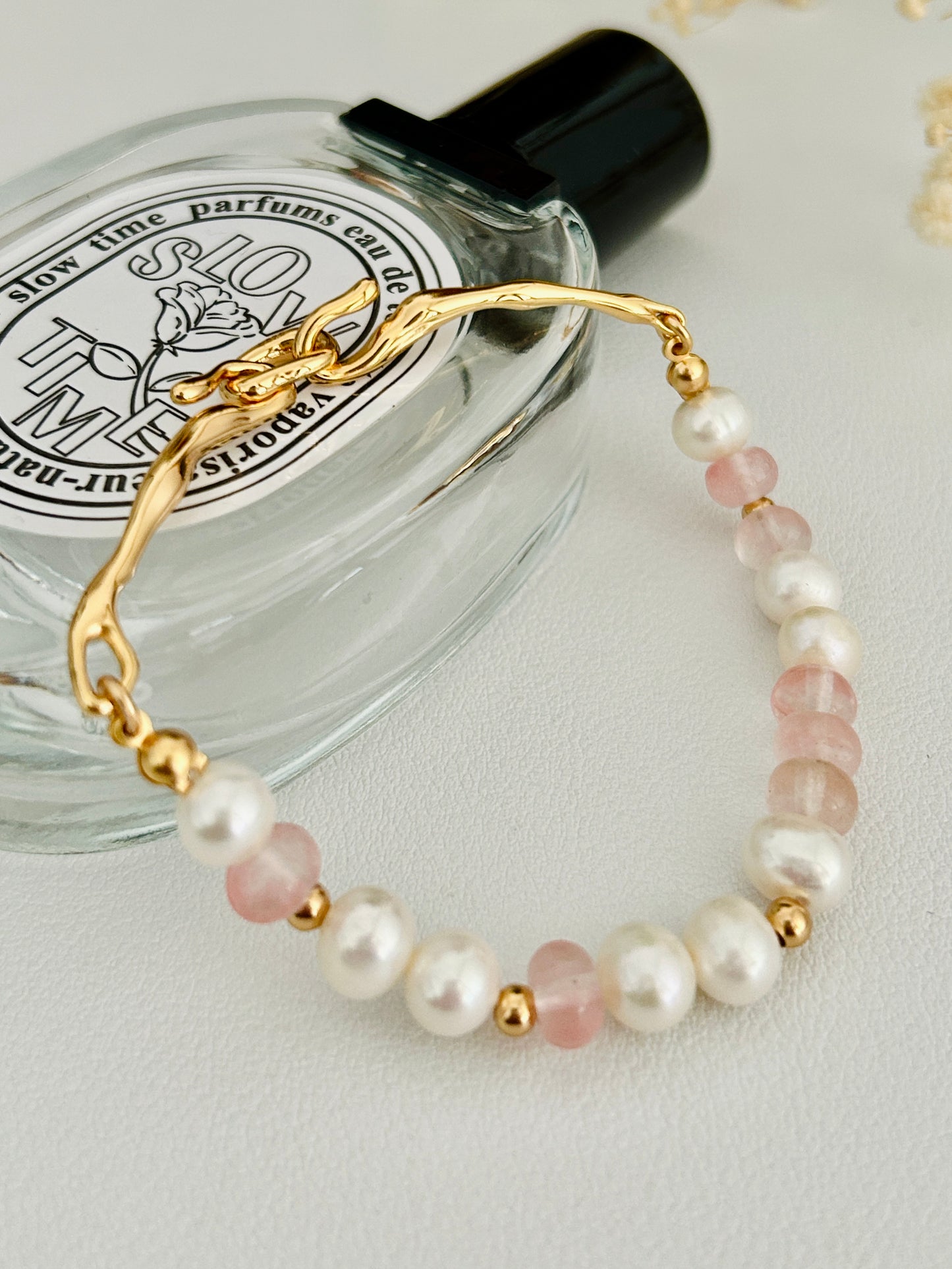 Strawberry Quartz beads and pearl bracelet
