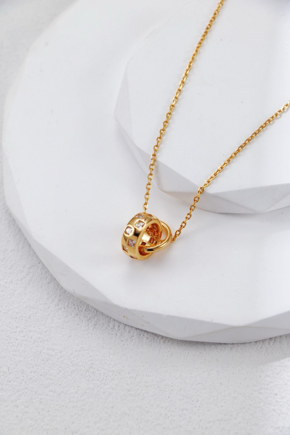 Elegant Dual Ring Pendant Necklace – Gold-Plated S925 Sterling Silver with CZ Accents