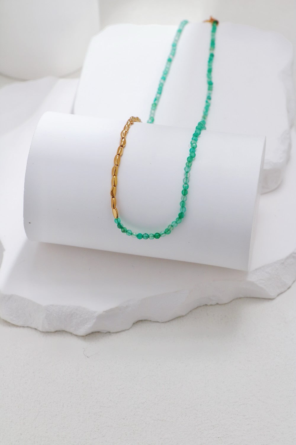 Vintage Gold & Green Aventurine Beaded Necklace – S925 Sterling Silver