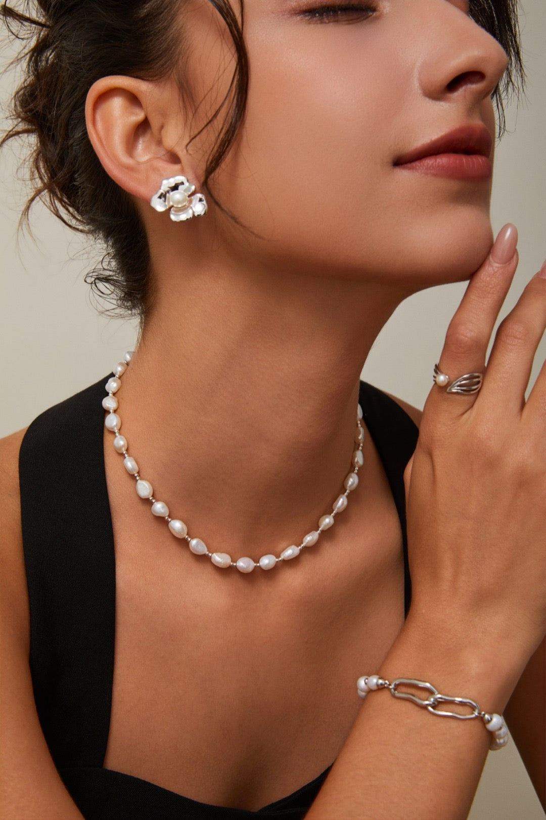 Sterling Silver and Pearl Flower-shaped Studs