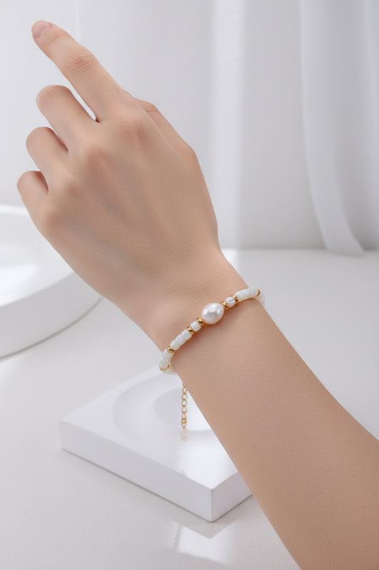 Vintage Gold Freshwater Pearl & White Shell Beaded Bracelet – S925 Sterling Silver Adjustable Bracelet