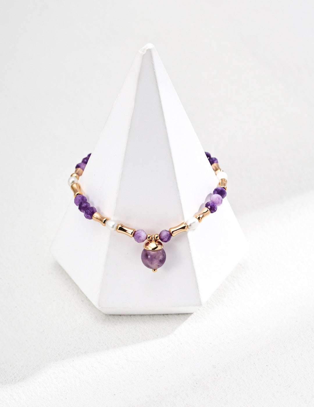 Amethyst & Pearl Bracelet – 925 Sterling Silver, Vintage Gold Finish