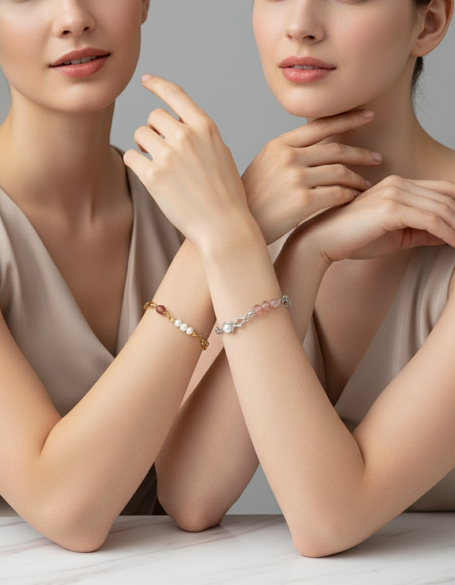 Natural Pearl & Strawberry Quartz Bracelet — S925 Sterling Silver