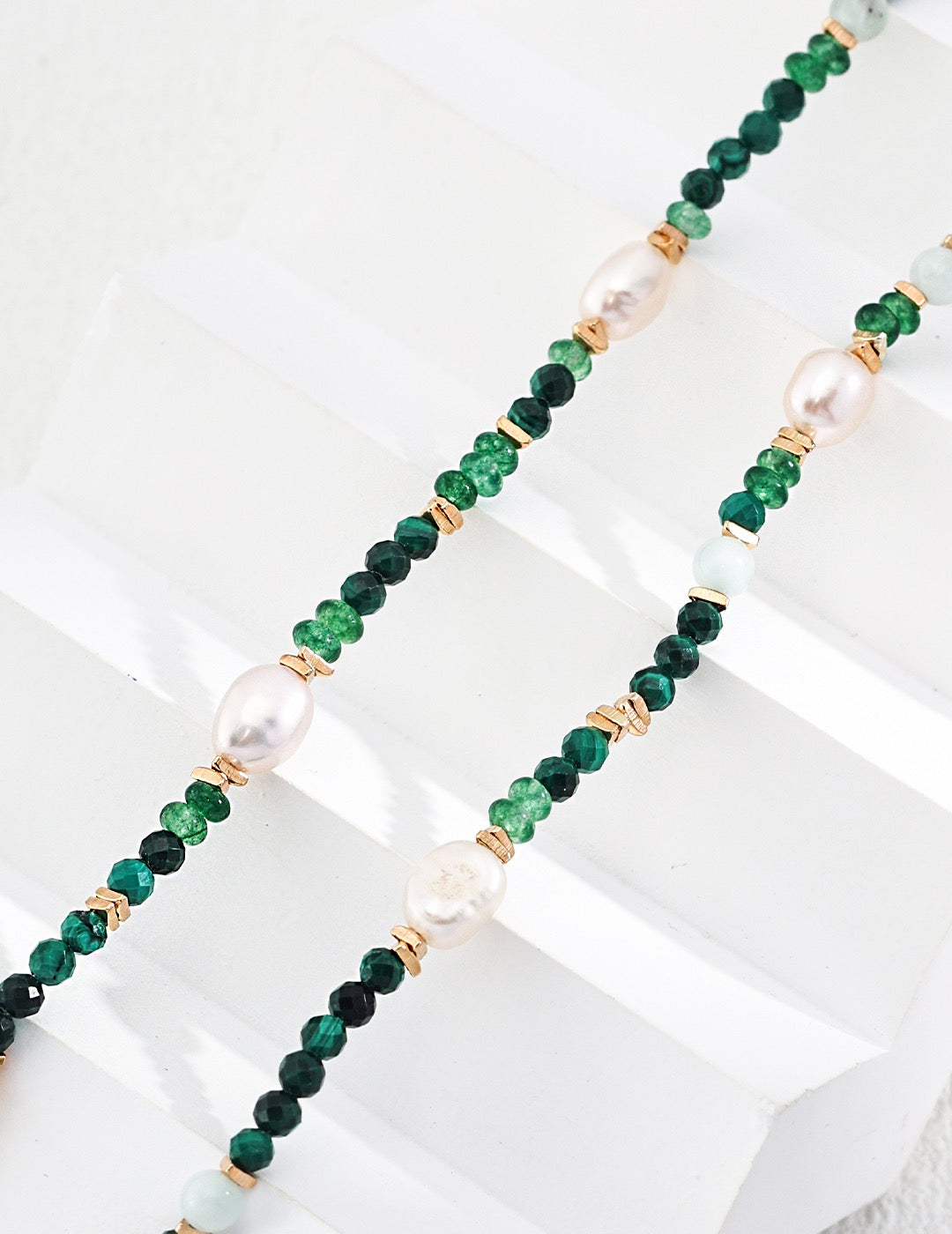 Vintage Gold Pearl and Malachite Beaded Necklace – 925 Sterling Silver