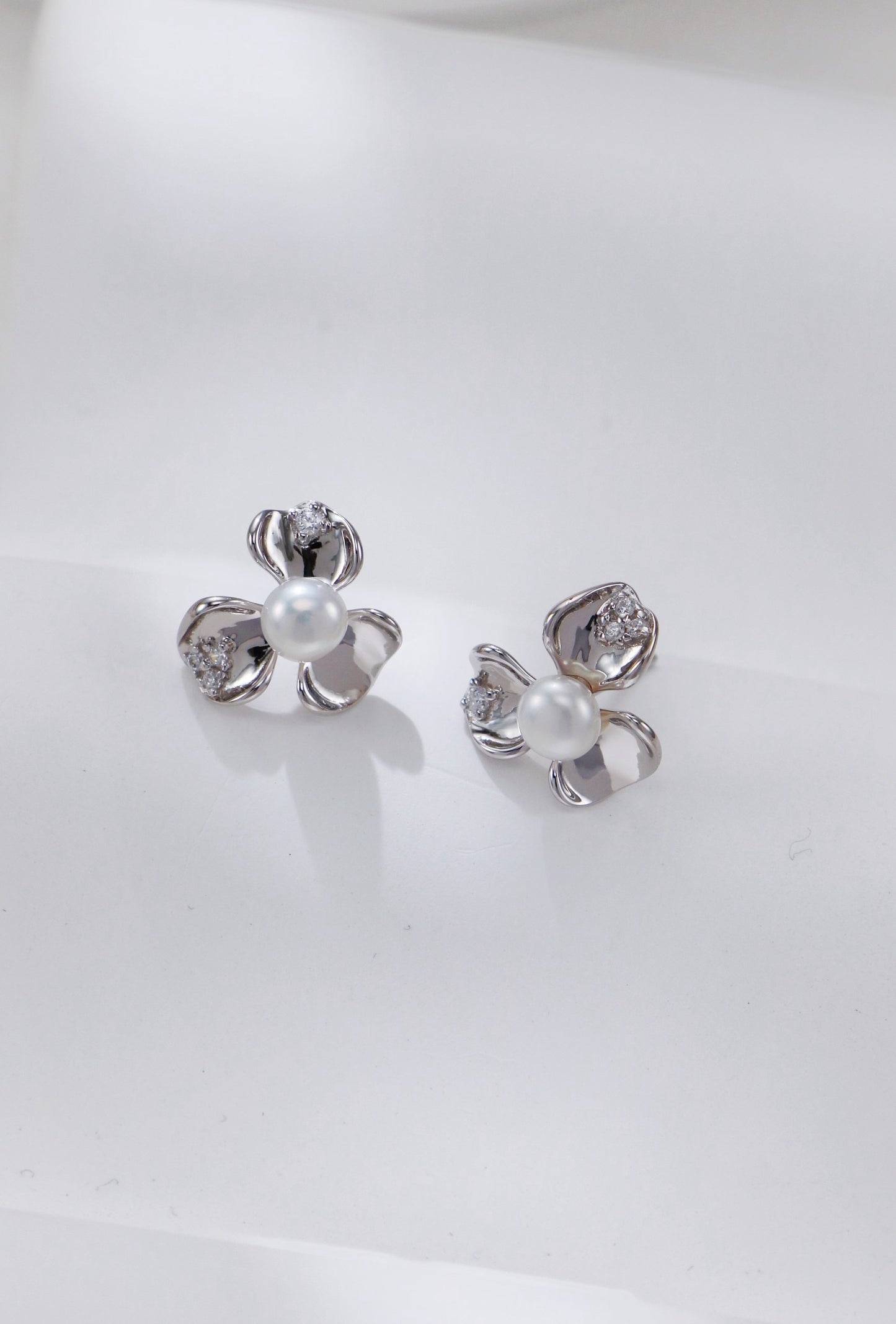 Pearl and Silver Flower Studs
