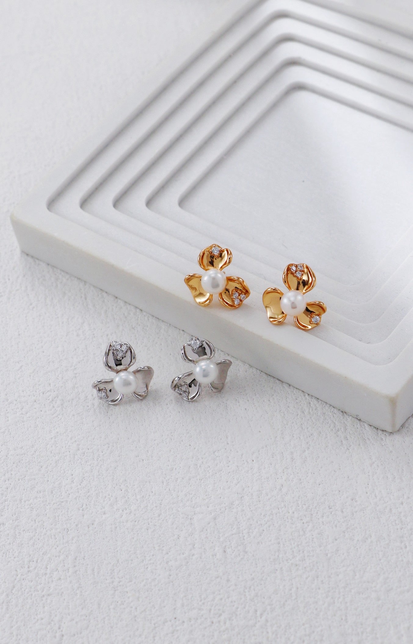 Pearl and Silver Flower Studs