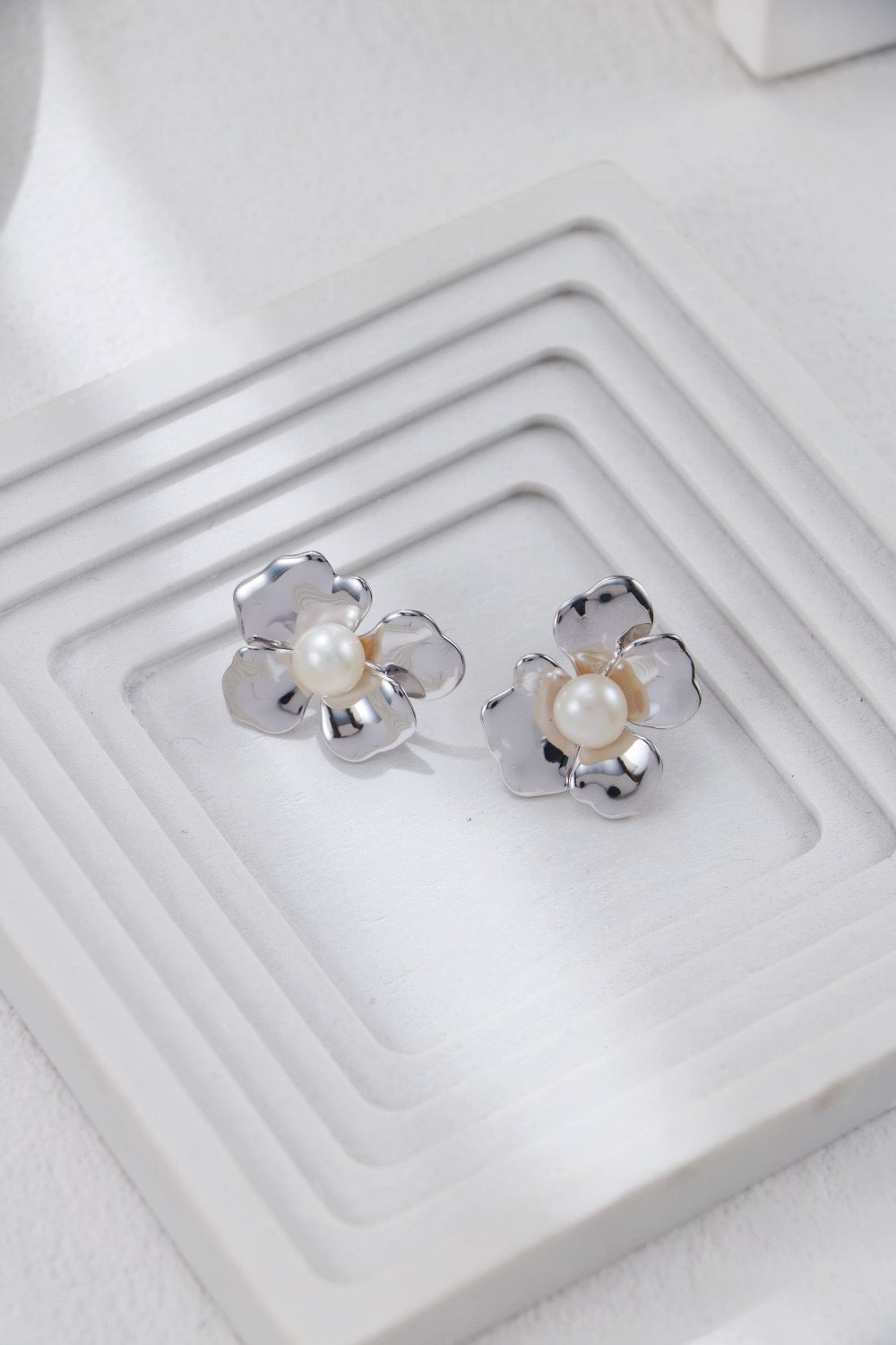 Sterling Silver and Pearl Flower-shaped Studs