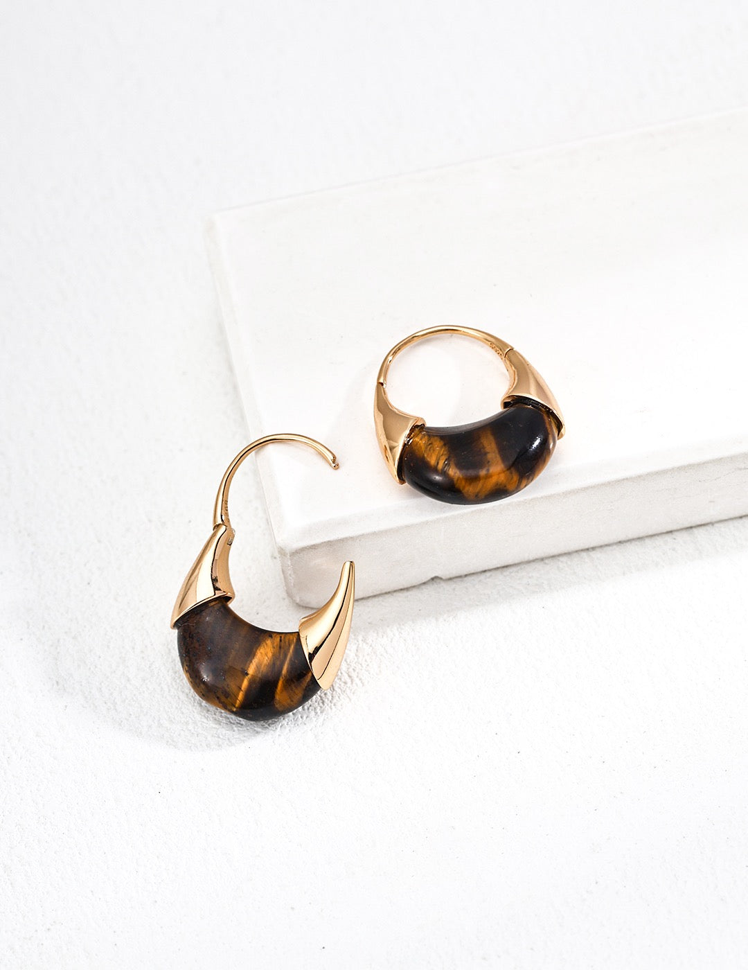 Vintage Gold Tiger Eye Hoop Earrings | S925 Sterling Silver | For Larger Piercings