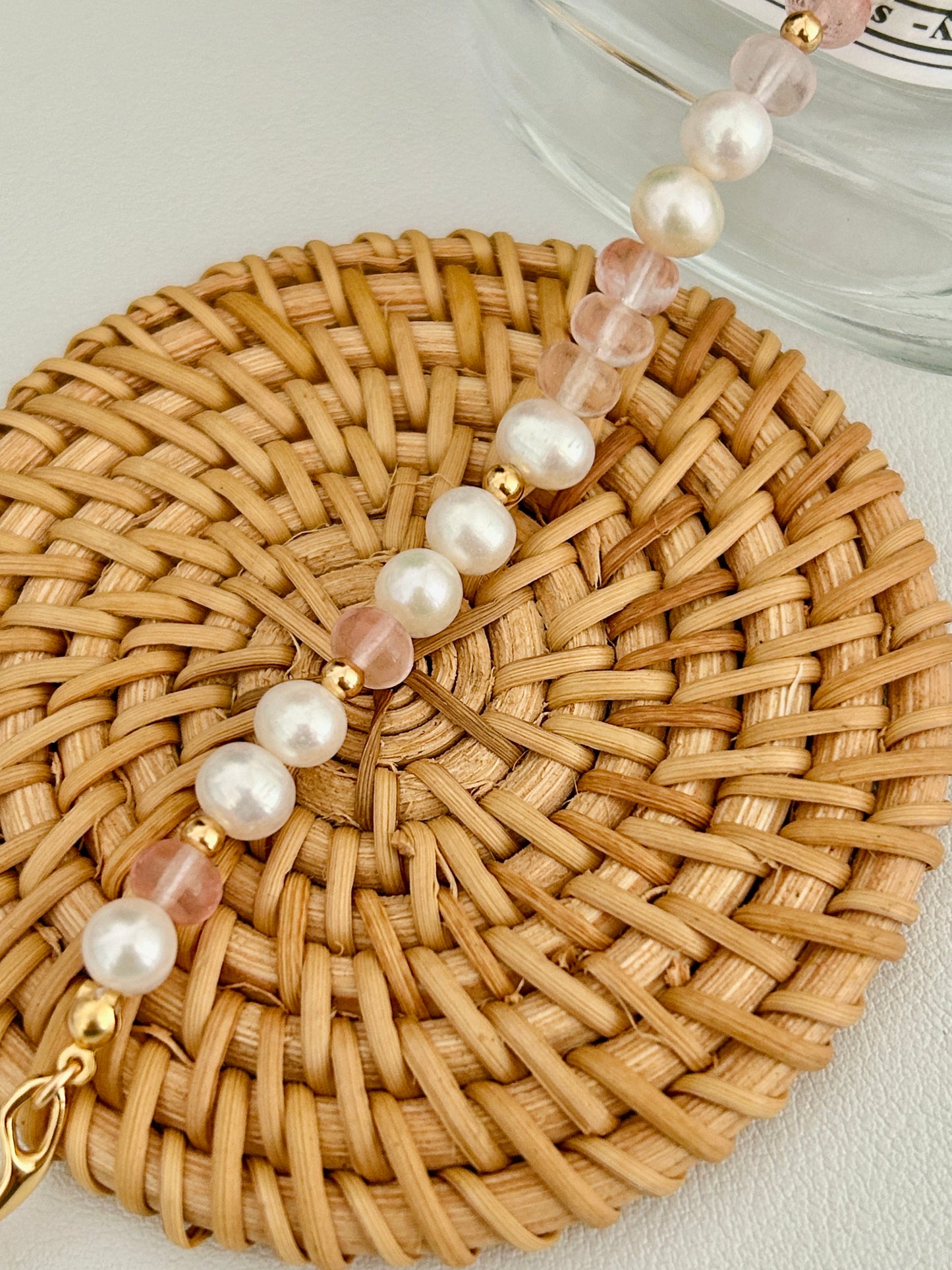 Strawberry Quartz beads and pearl bracelet