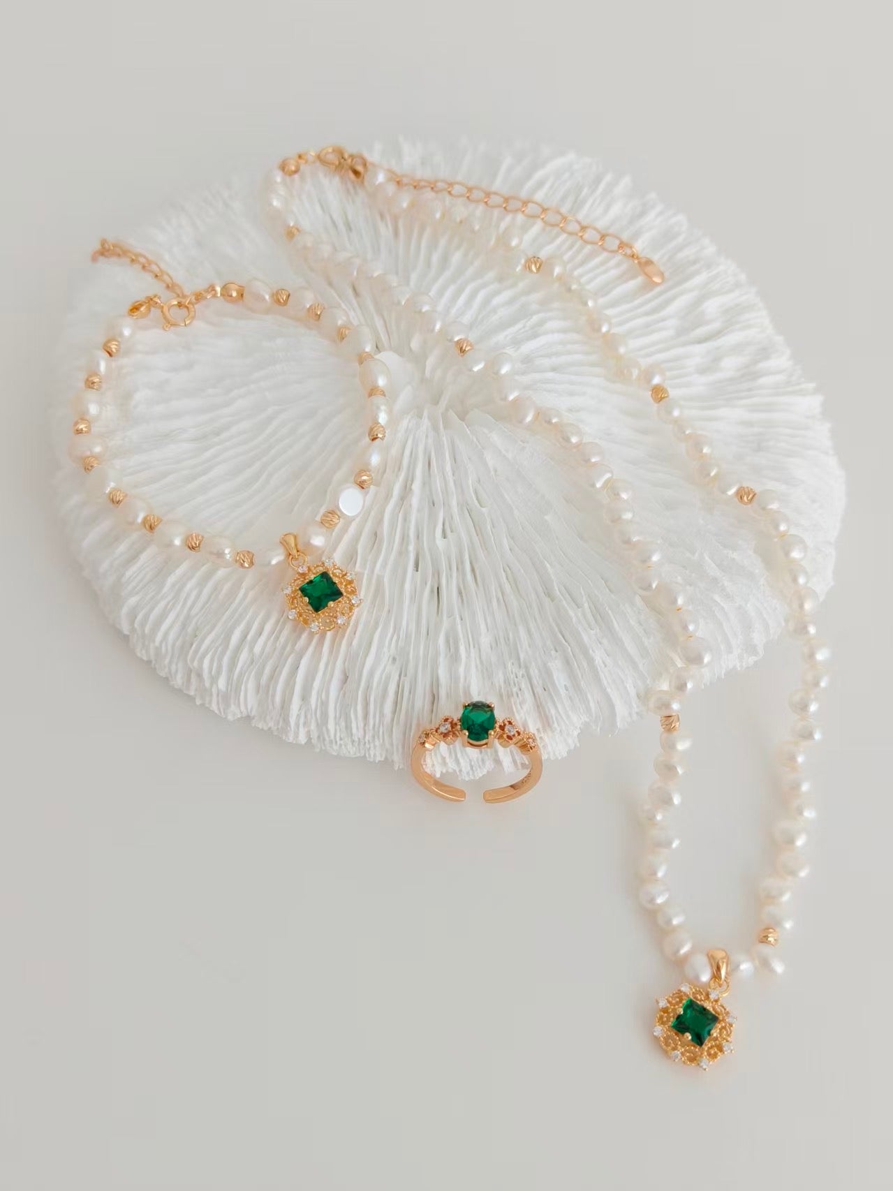 S925 Vintage Gold Pearl & Green Zircon Necklace and Bracelet Set | Natural Freshwater Pearl Jewelry