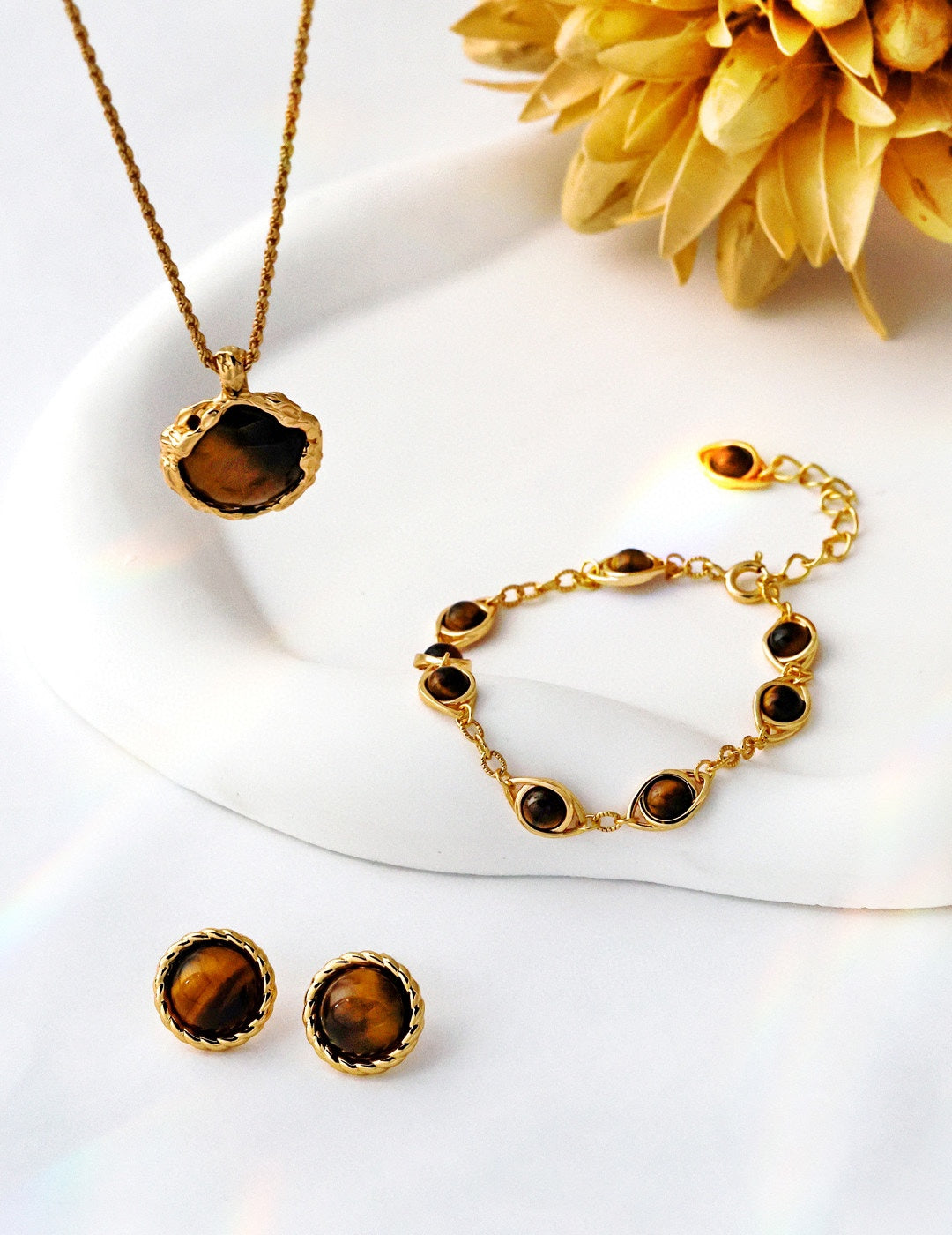 S925 Tiger’s Eye Vintage Gold Earrings