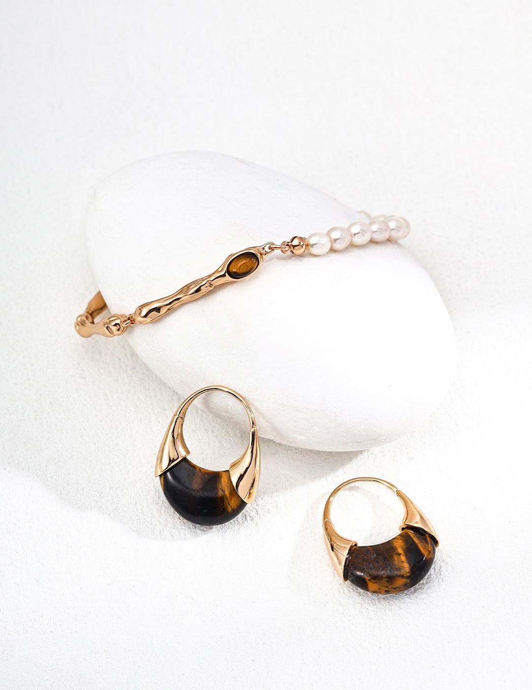 Vintage Gold Tiger Eye Hoop Earrings | S925 Sterling Silver | For Larger Piercings
