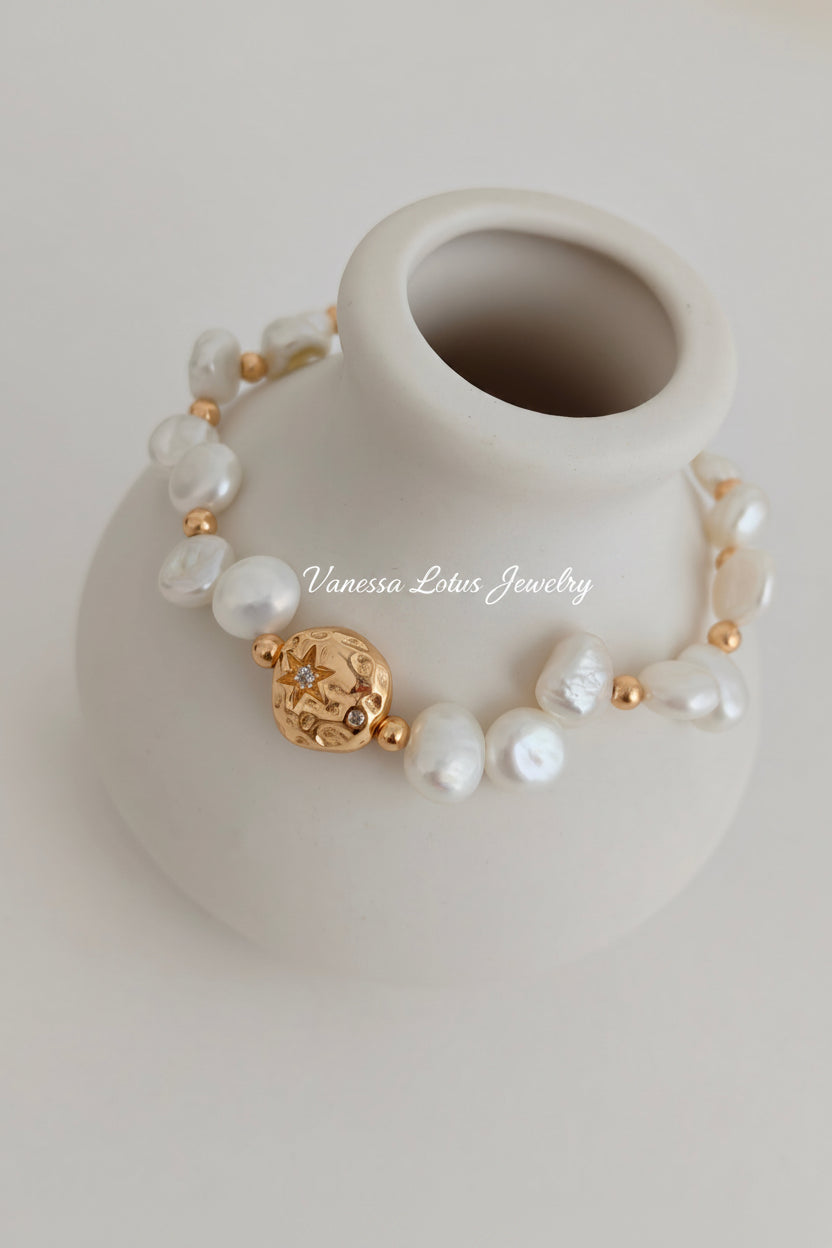 Vintage Baroque Pearl Charm Bracelet - S925 Sterling Silver, Retro Gold / Platinum Finish, Adjustable 16+3cm