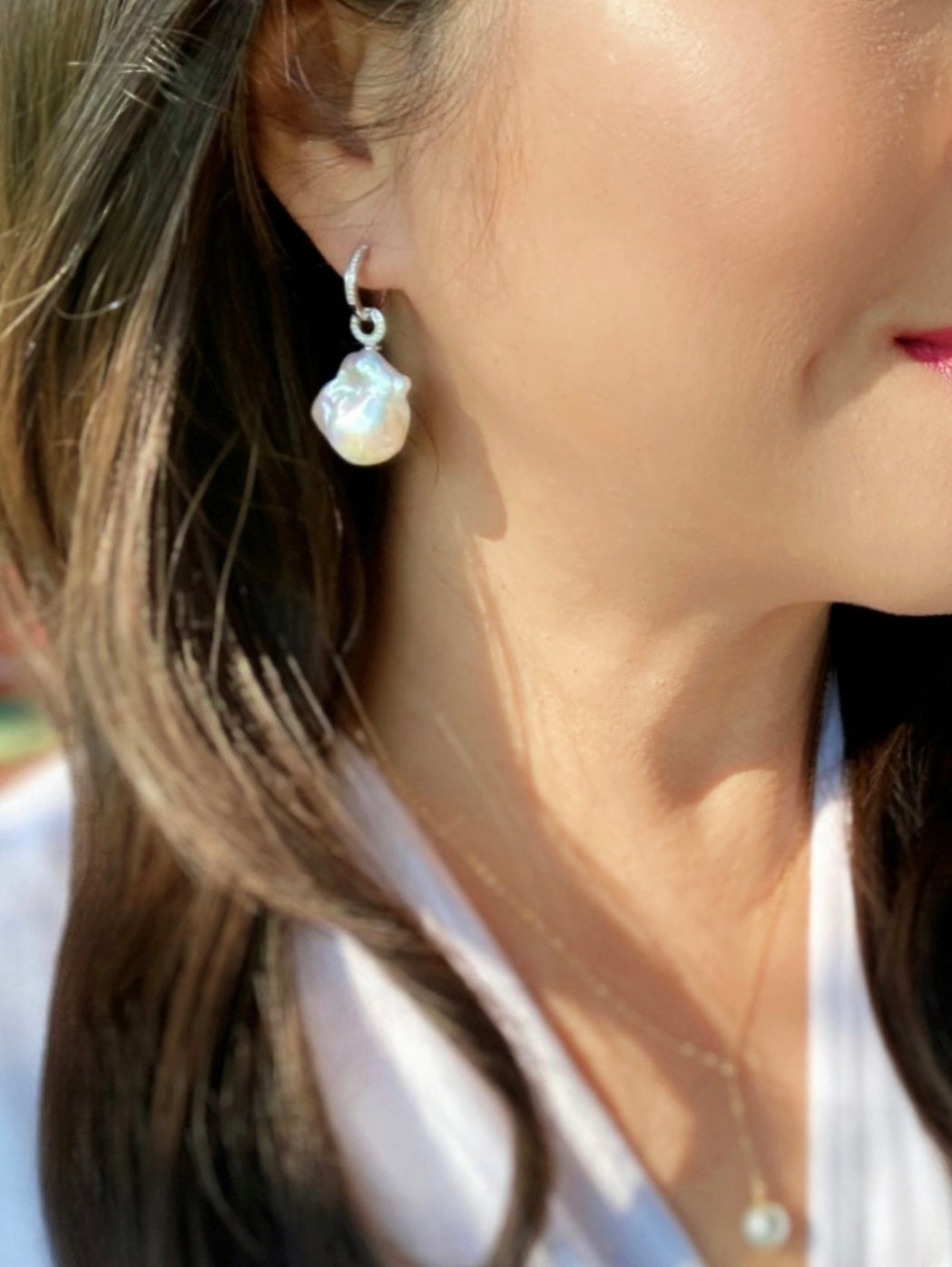 Cute Huggies with Baroque Pearl Pendants