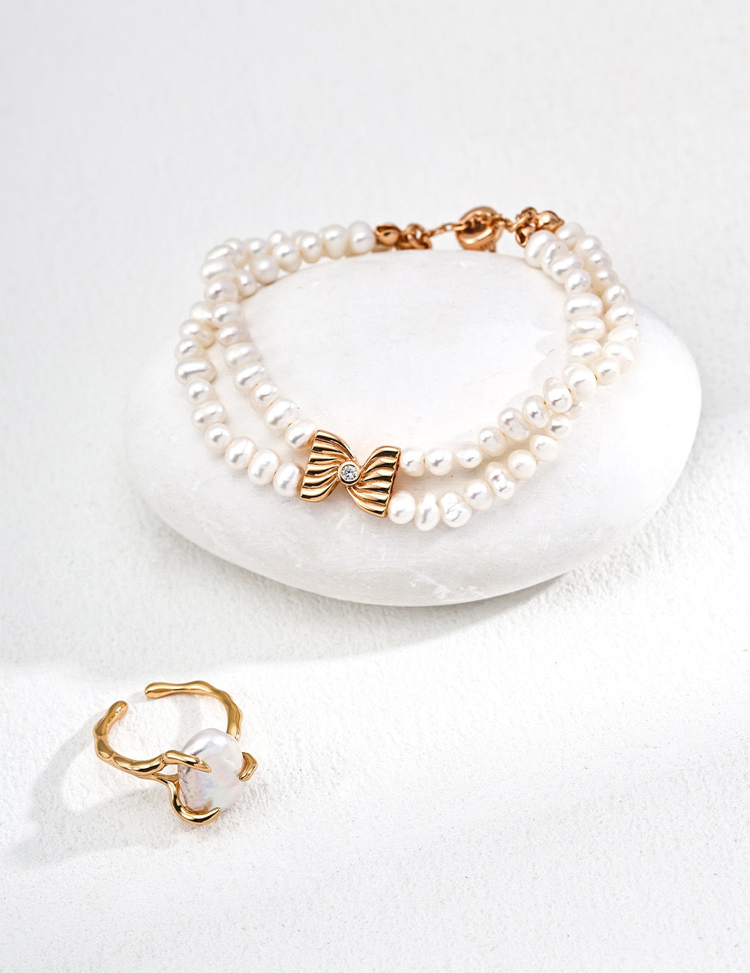Elegant Double-Strand Pearl Bracelet with Bow Charm – S925 Silver & Zircon