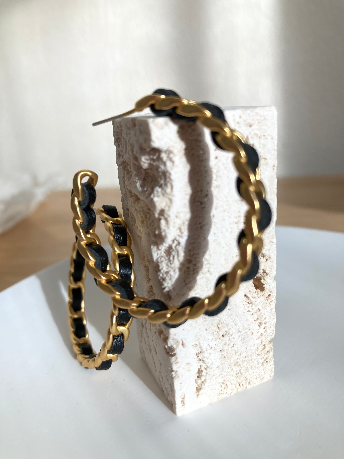 C hoop earrings with black ribbon