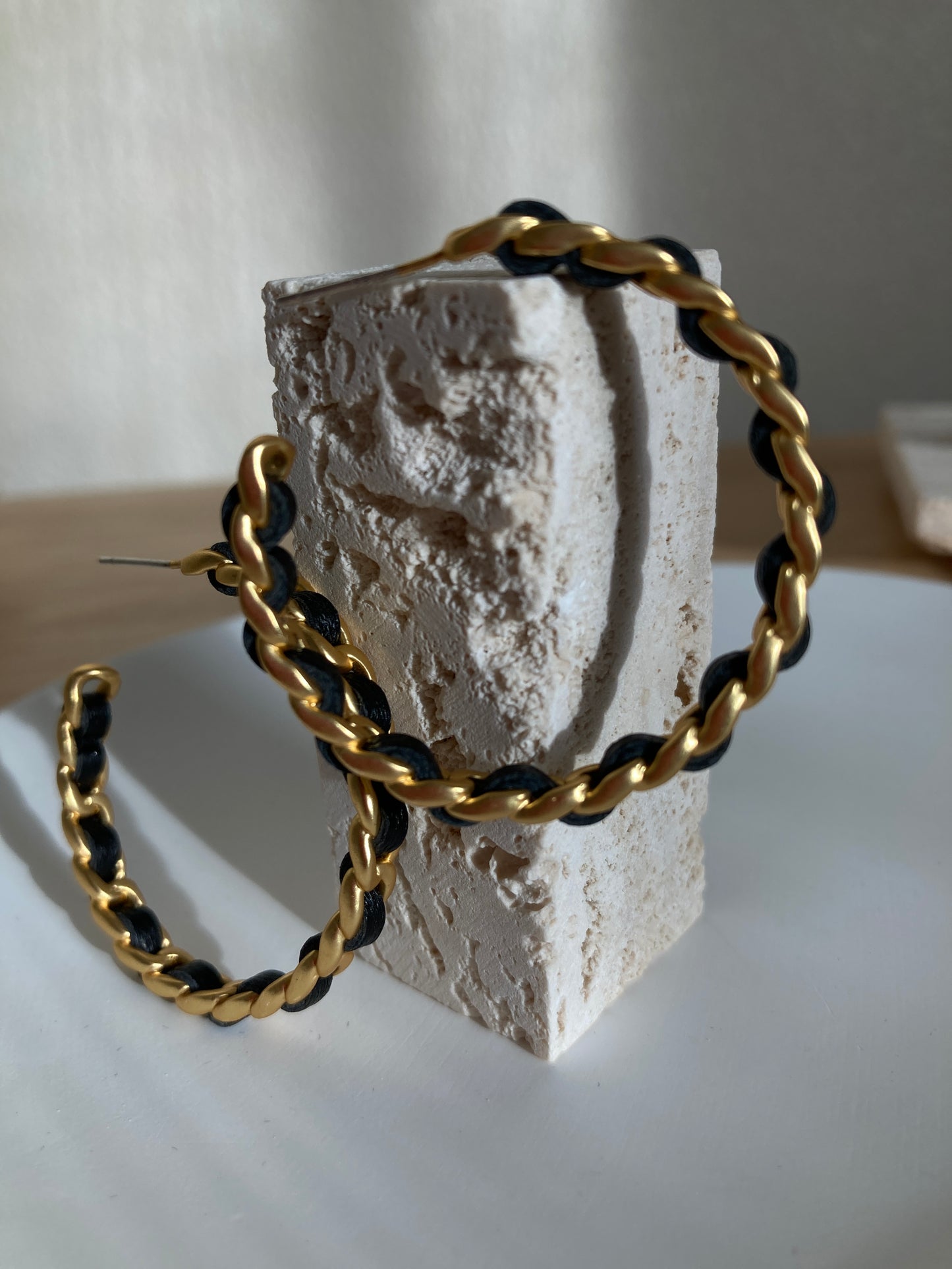 C hoop earrings with black ribbon