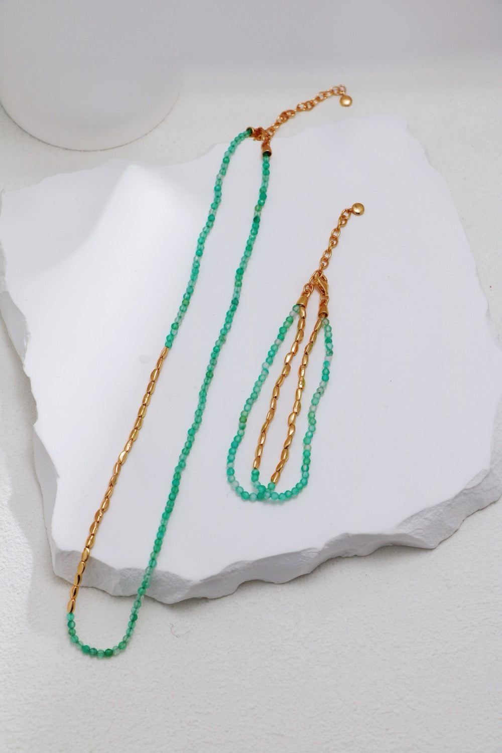 Vintage Gold & Green Aventurine Beaded Necklace – S925 Sterling Silver