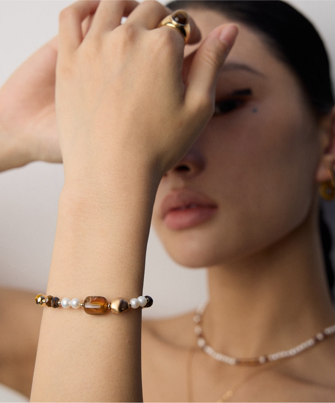 Vintage Gold Pearl and Tiger Eye Beaded Bracelet – 925 Sterling Silver