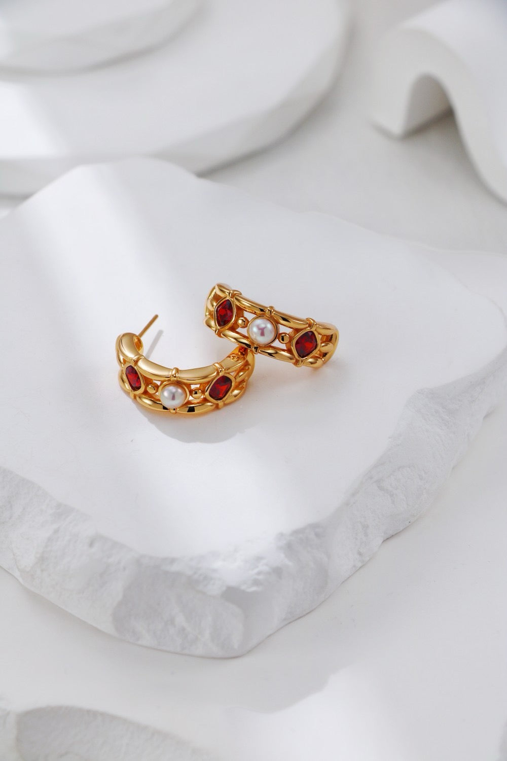 Royal Garnet & Pearl Gold Vermeil Huggies Earrings