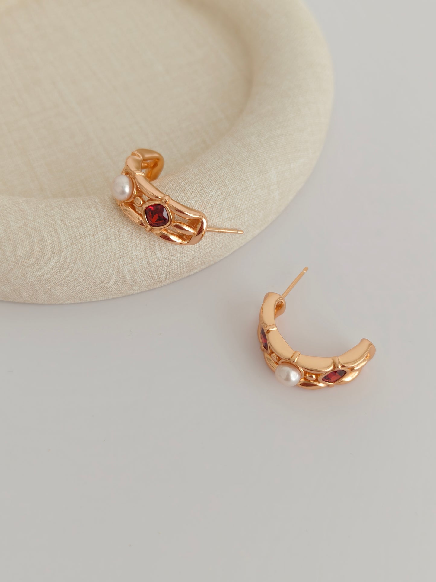 Royal Garnet & Pearl Gold Vermeil Huggies Earrings