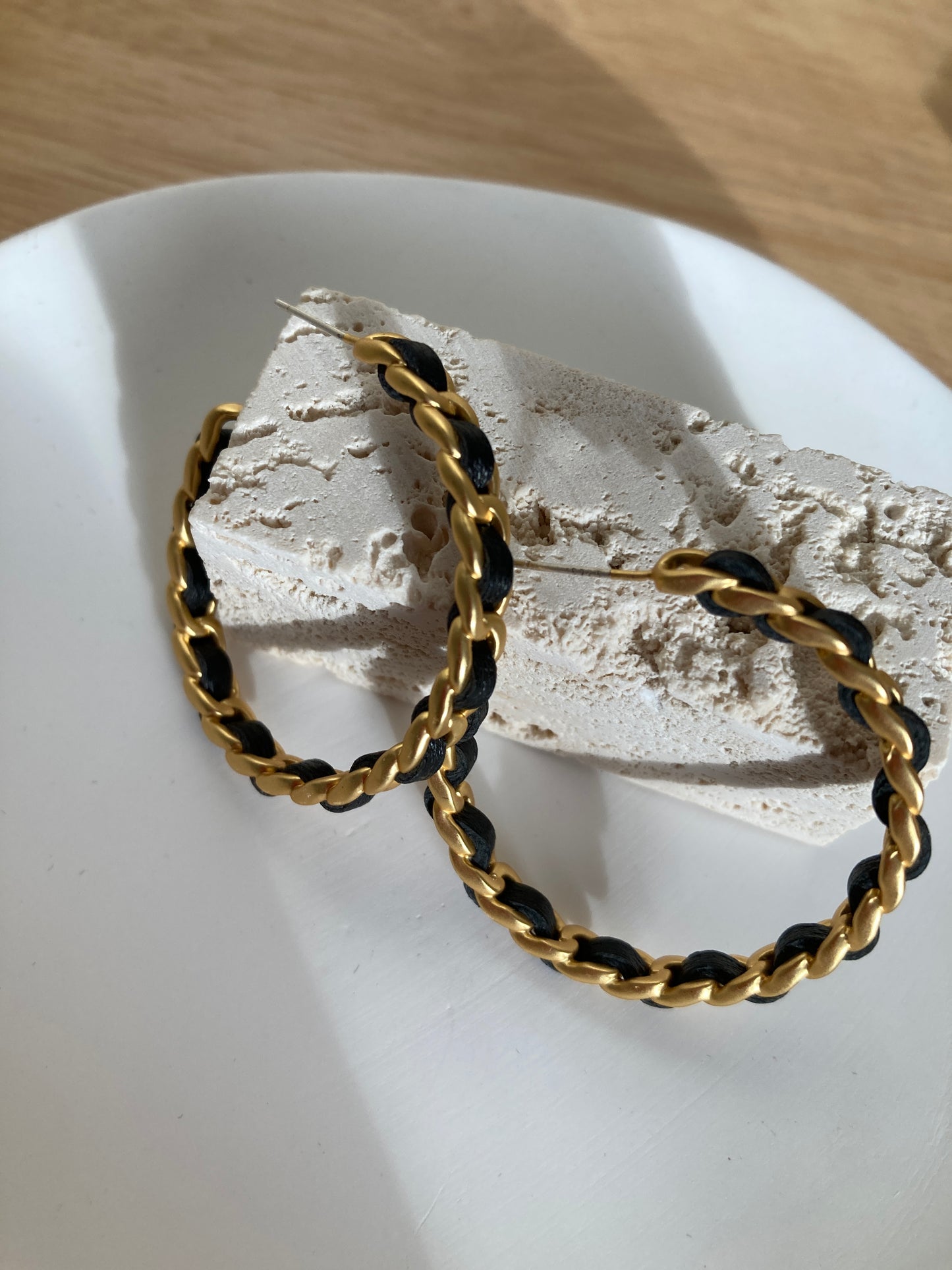 C hoop earrings with black ribbon