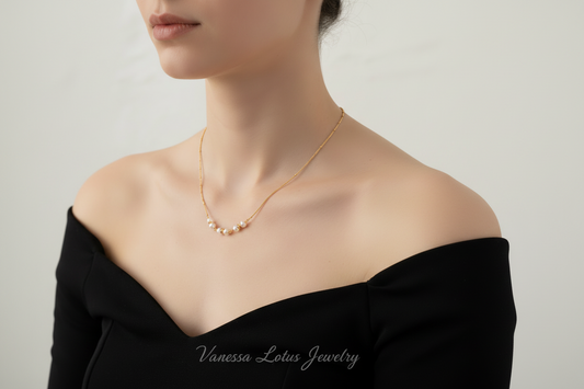 Vintage Gold Freshwater Pearl Station Necklace – 925 Sterling Silver Minimalist Pearl Choker Necklace