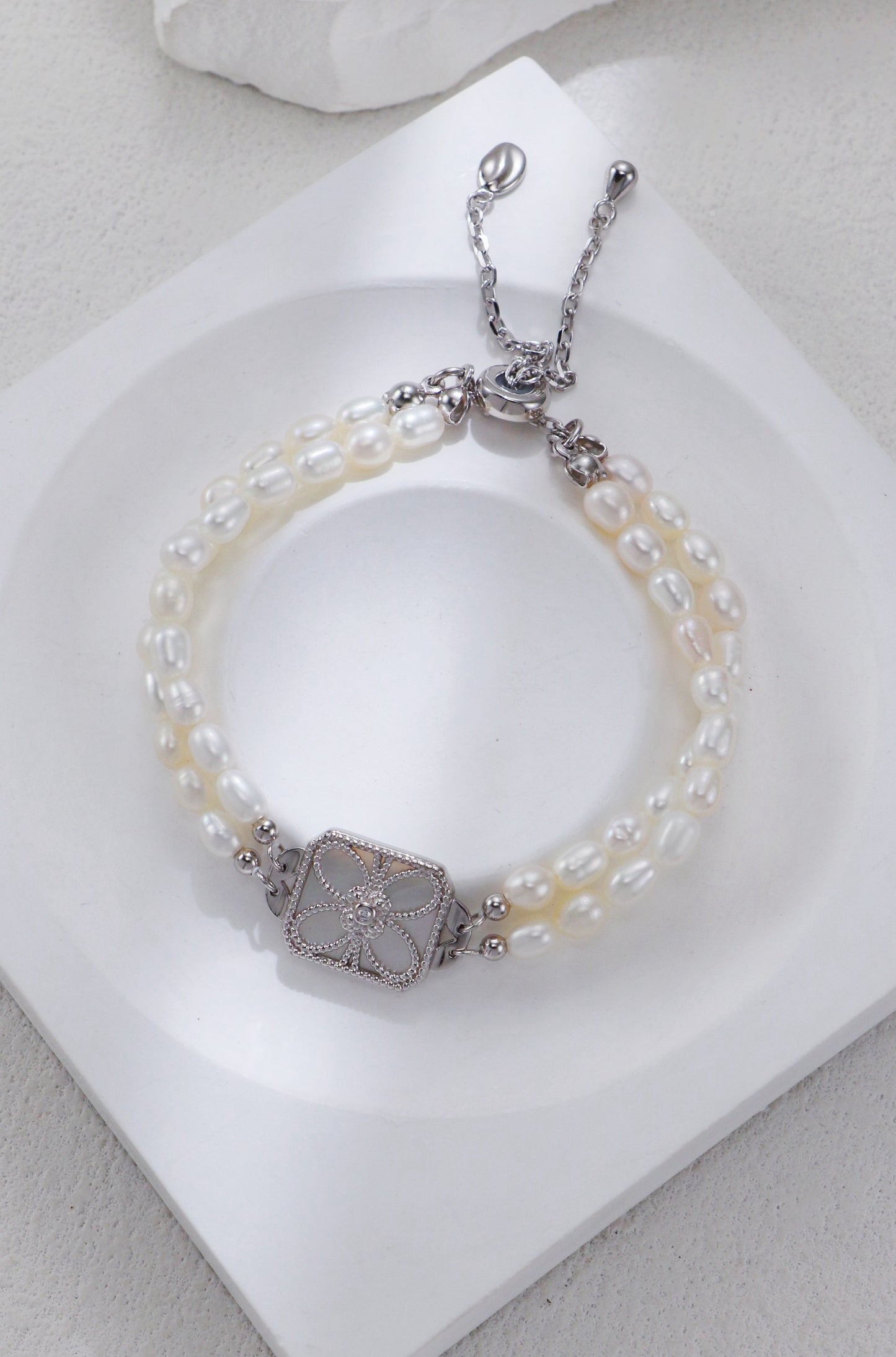 Blossom Emblem Pearl Bracelet – S925 Silver & White Shell Pearl
