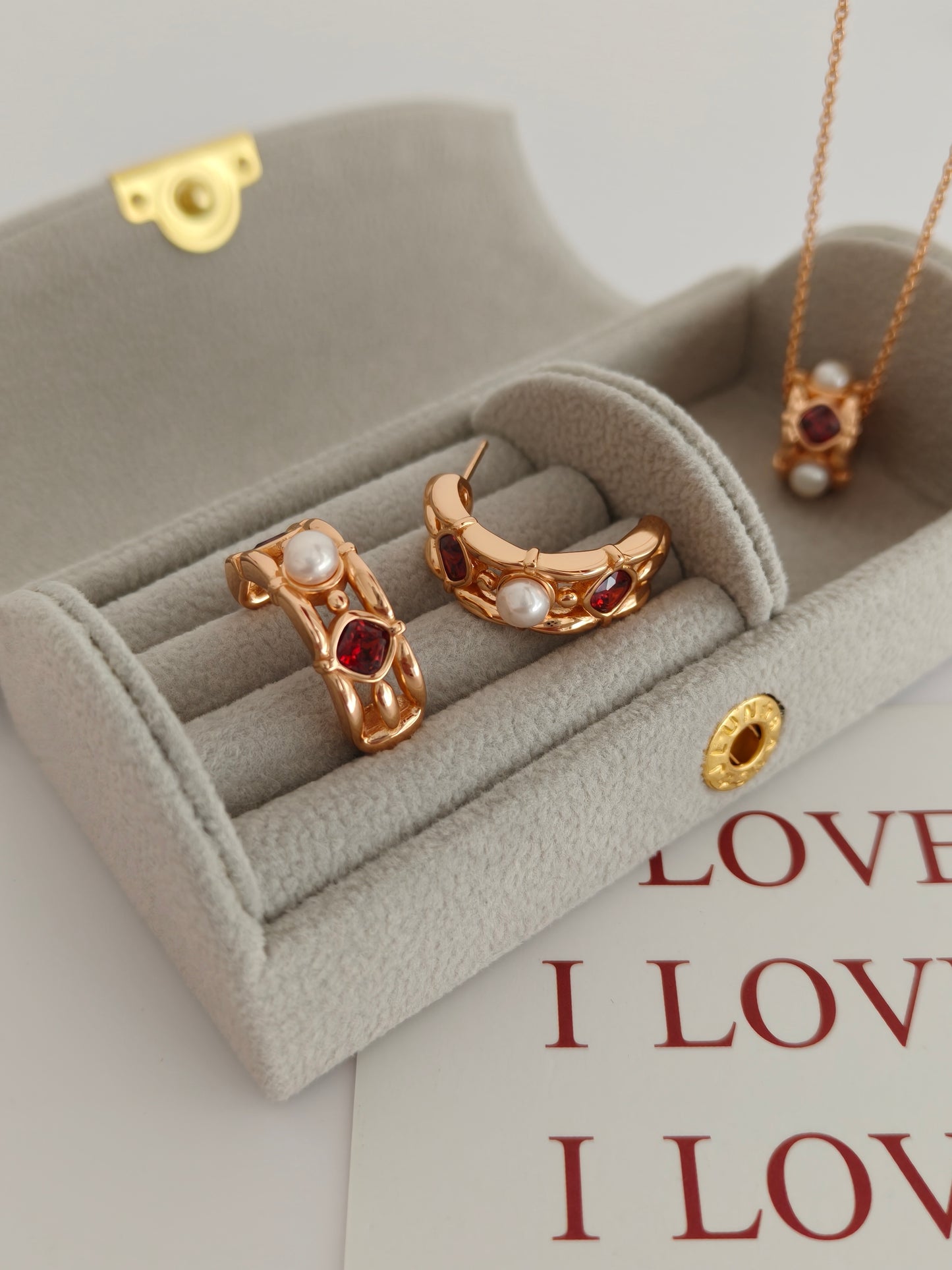 Royal Garnet & Pearl Gold Vermeil Huggies Earrings
