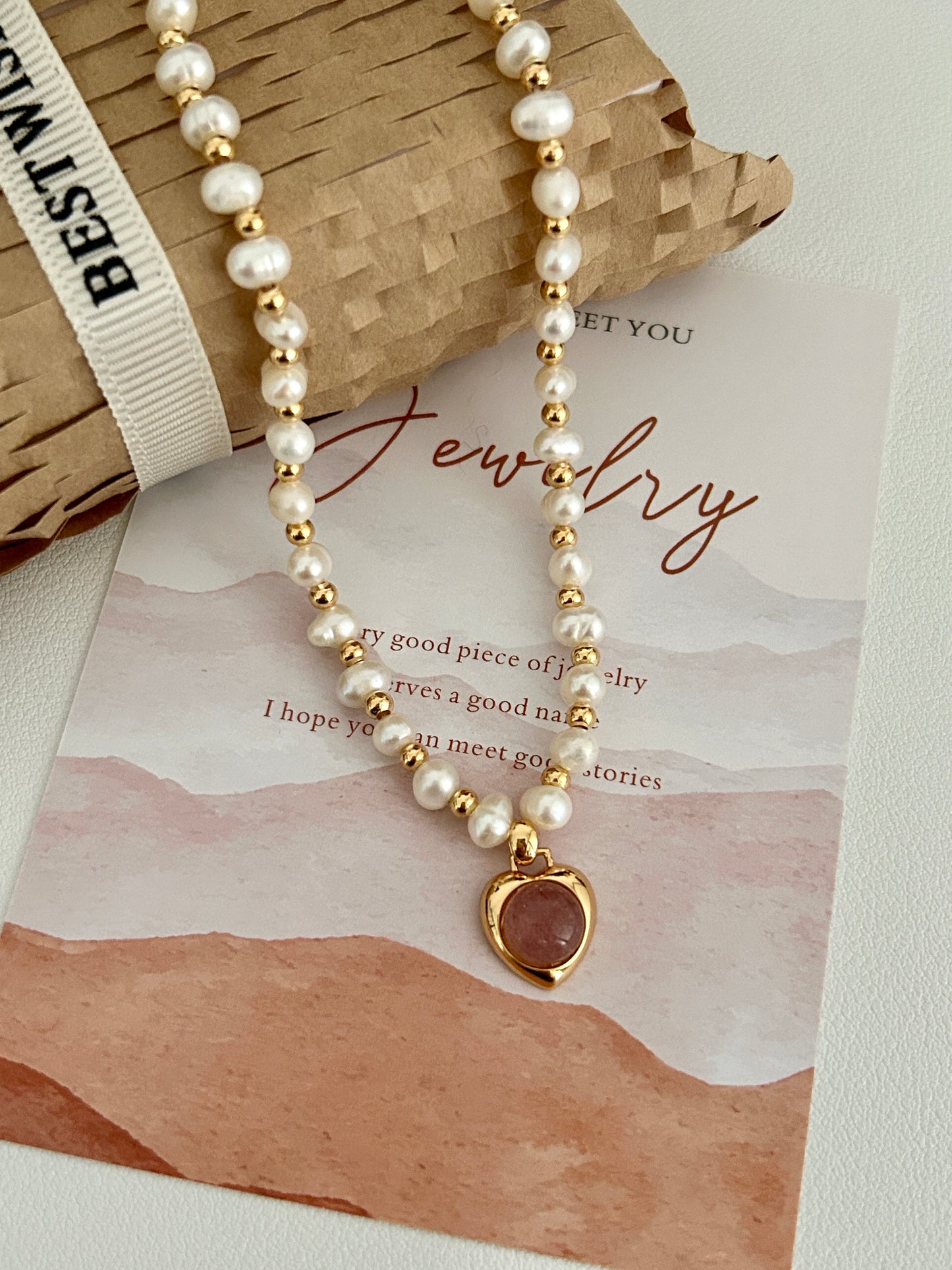Pink Heart Pearl Necklace