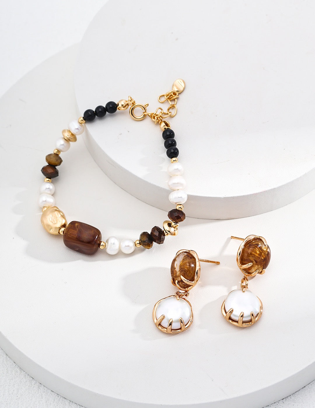 Vintage Gold Pearl and Tiger Eye Beaded Bracelet – 925 Sterling Silver