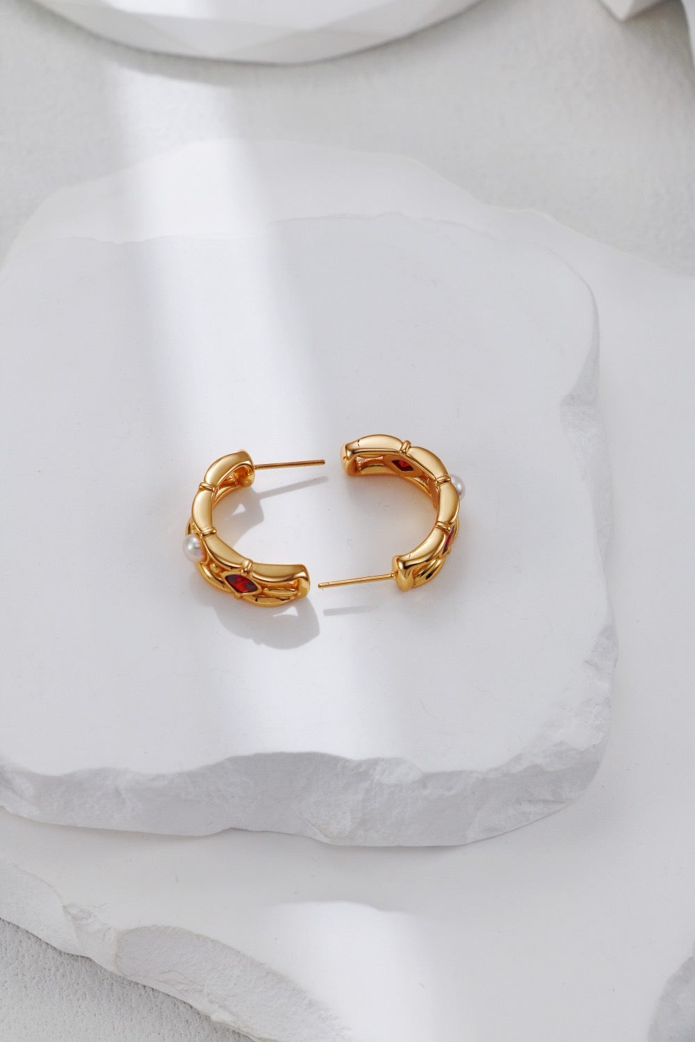 Royal Garnet & Pearl Gold Vermeil Huggies Earrings