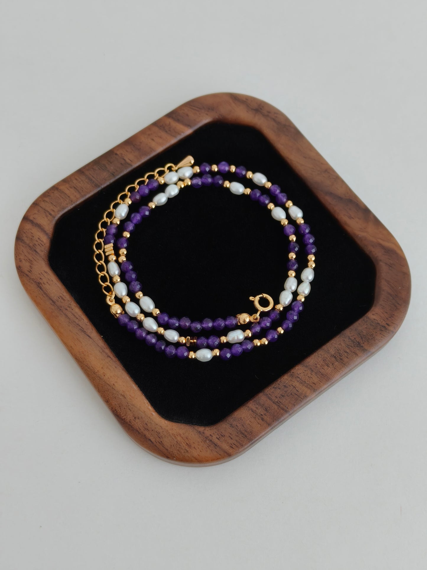 Vintage Gold S925 Sterling Silver Pearl & Purple Amethyst Beaded Necklace