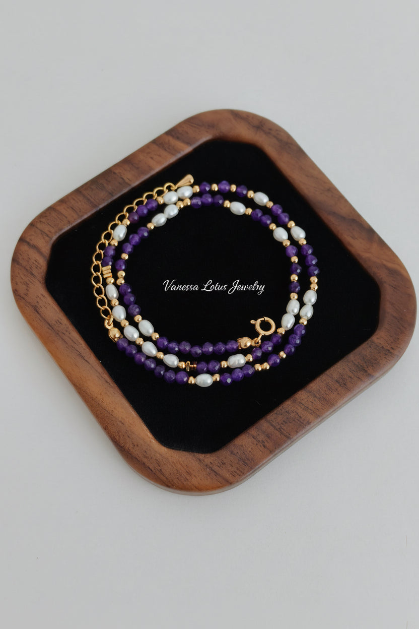 Vintage Gold S925 Sterling Silver Pearl & Purple Amethyst Beaded Necklace