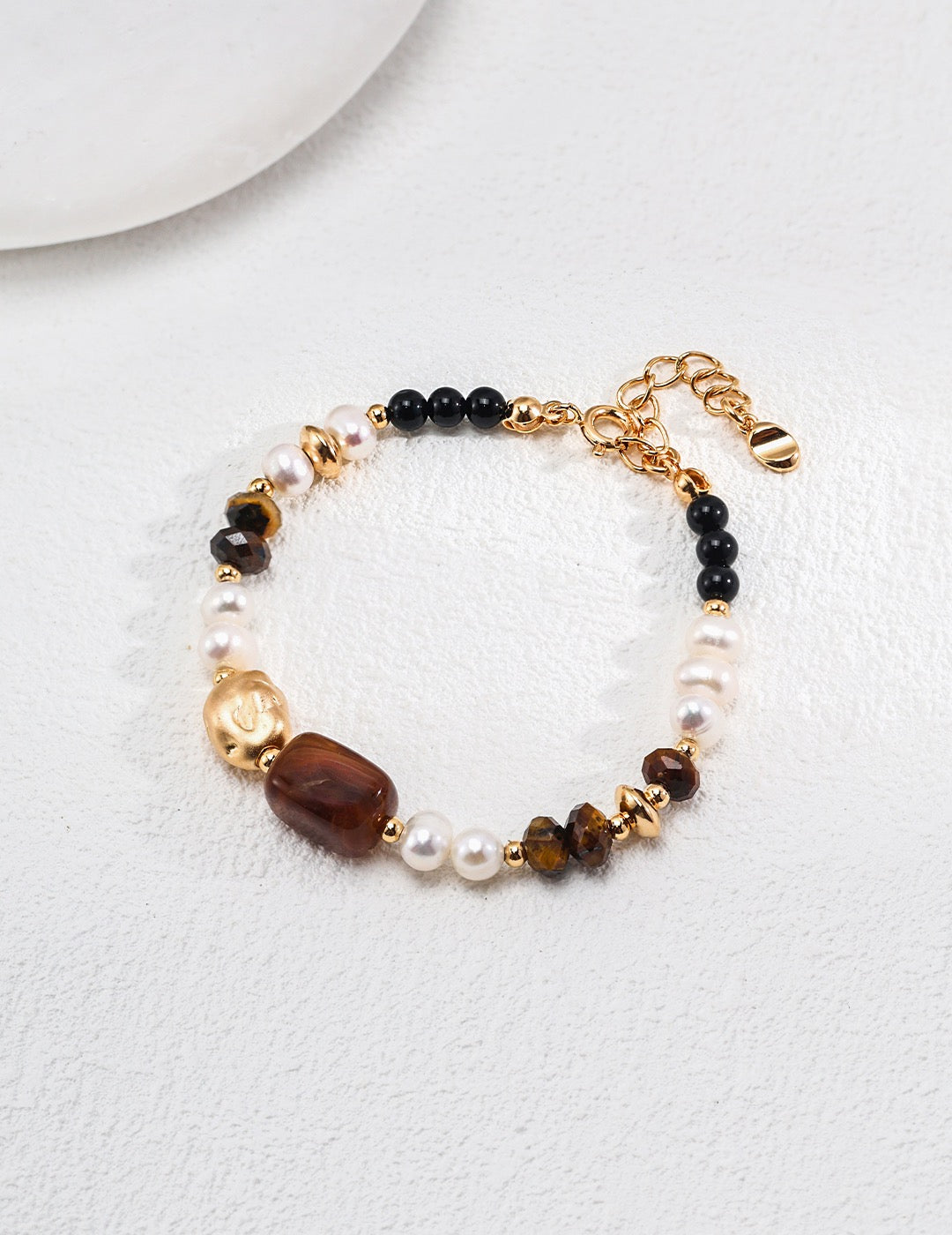 Vintage Gold Pearl and Tiger Eye Beaded Bracelet – 925 Sterling Silver
