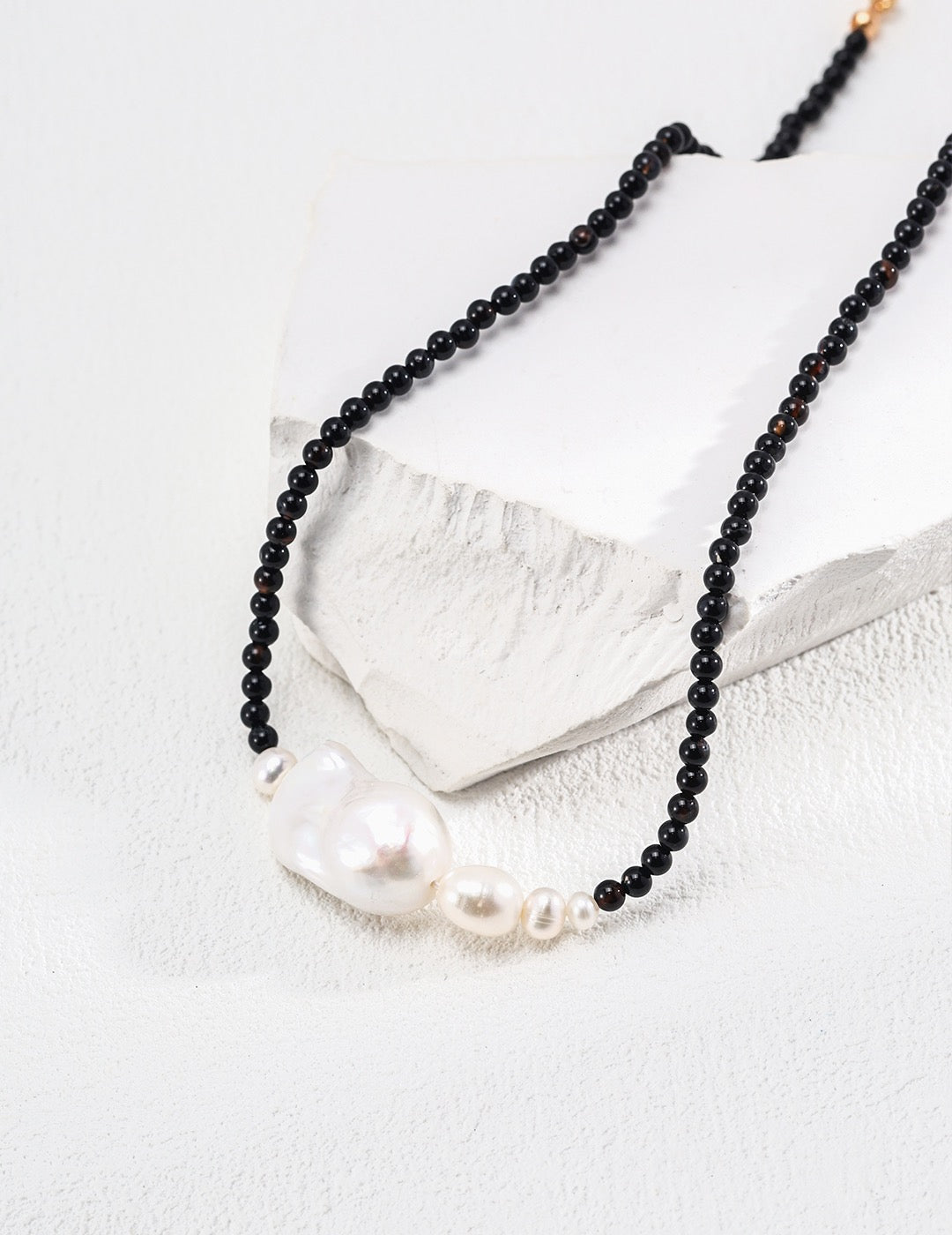 Black Agate and Baroque Pearl Necklace