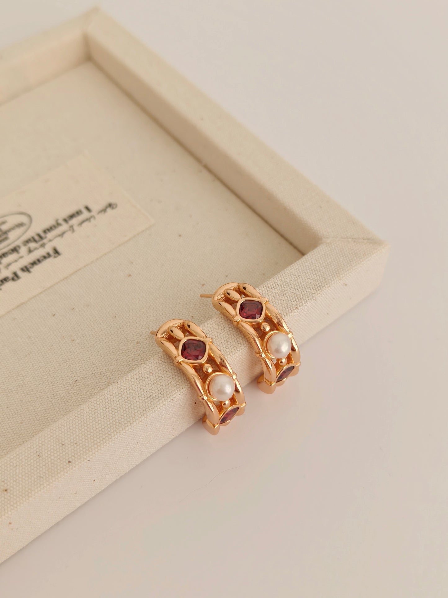 Royal Garnet & Pearl Gold Vermeil Huggies Earrings