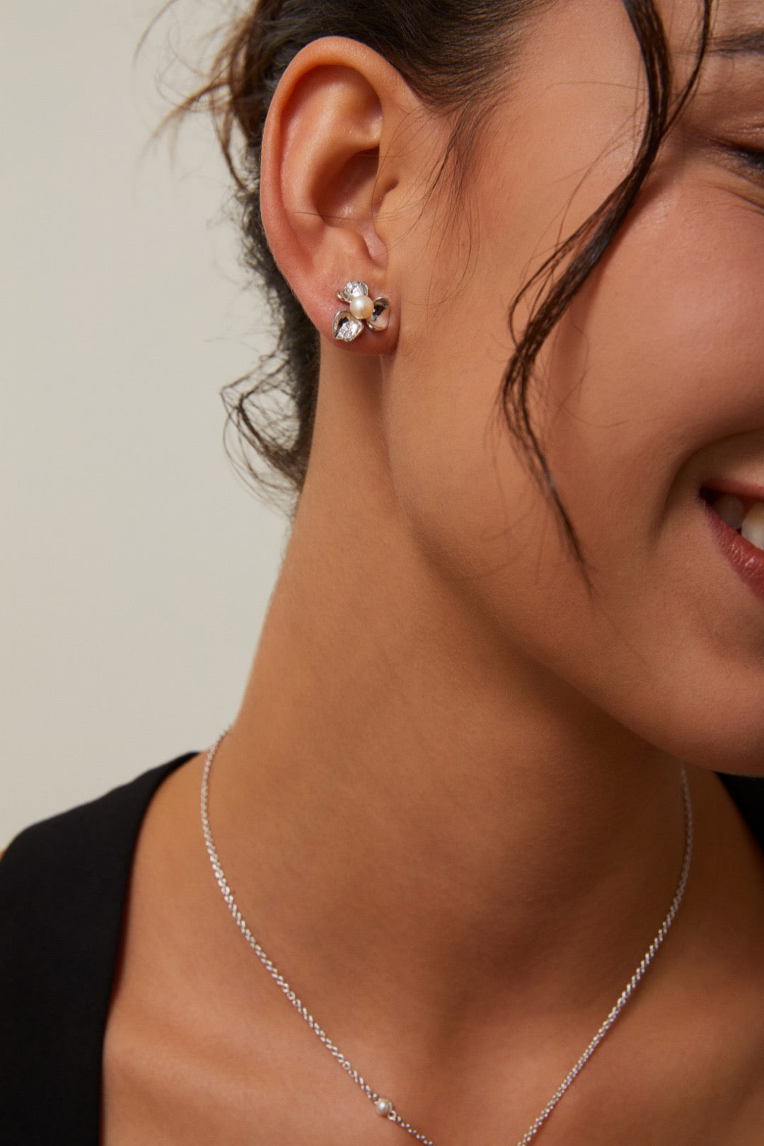 Pearl and Silver Flower Studs